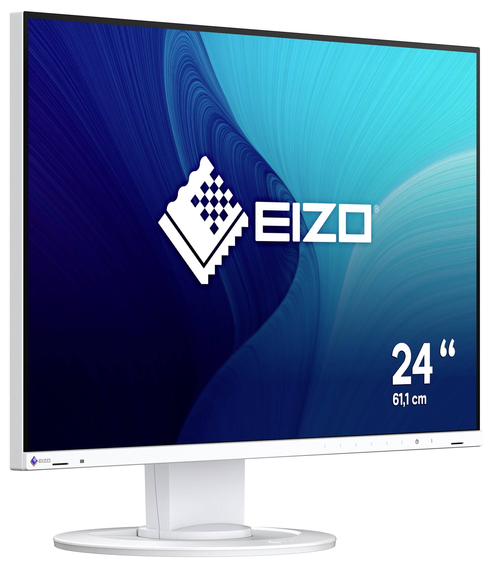 EIZO 24-Zoll-Flachbildschirm mit blauer abstrakter Anzeige und weißem Ständer.
