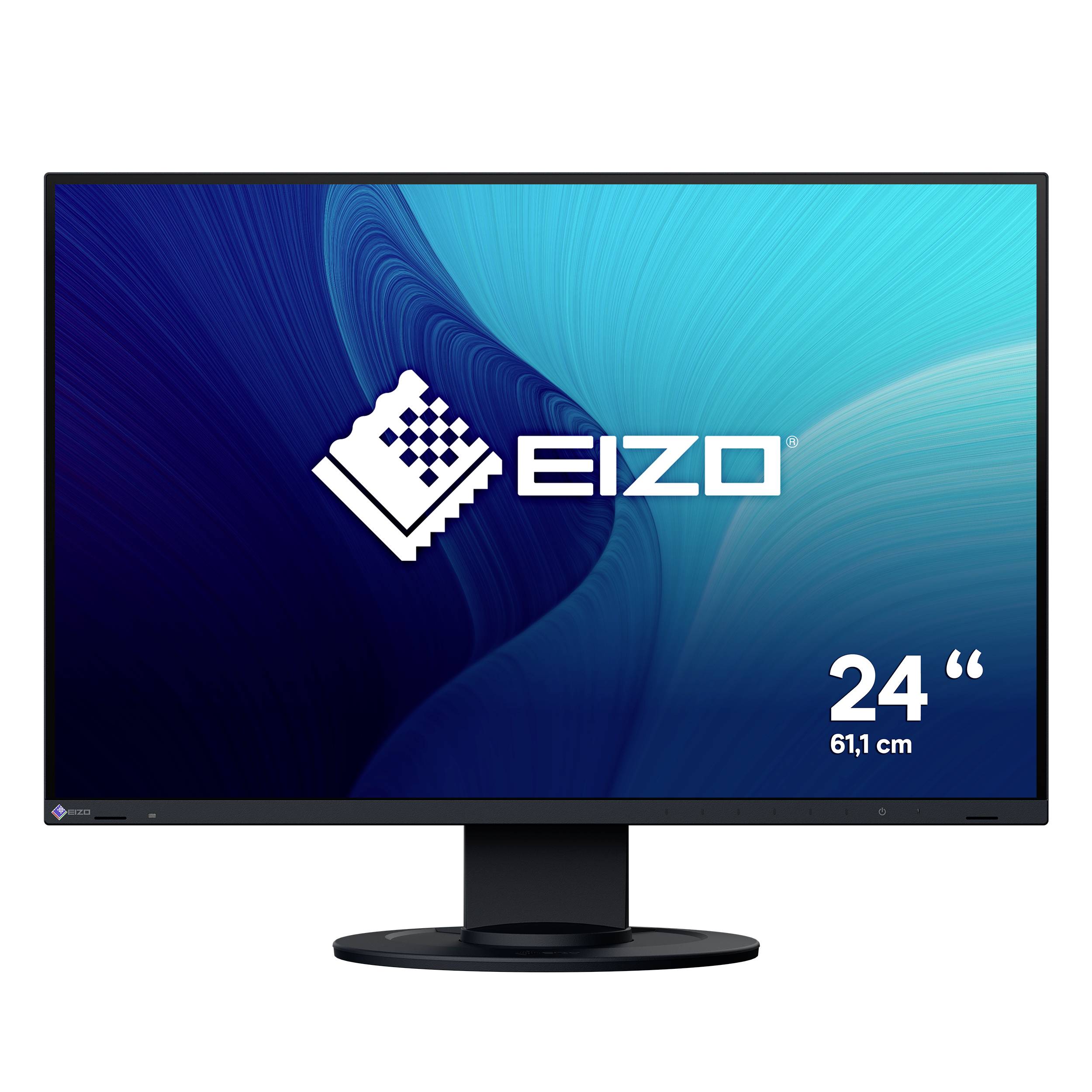 EIZO 24-Zoll-Computermonitor mit blauem abstraktem Bildschirm und Logo, beschriftet mit 24