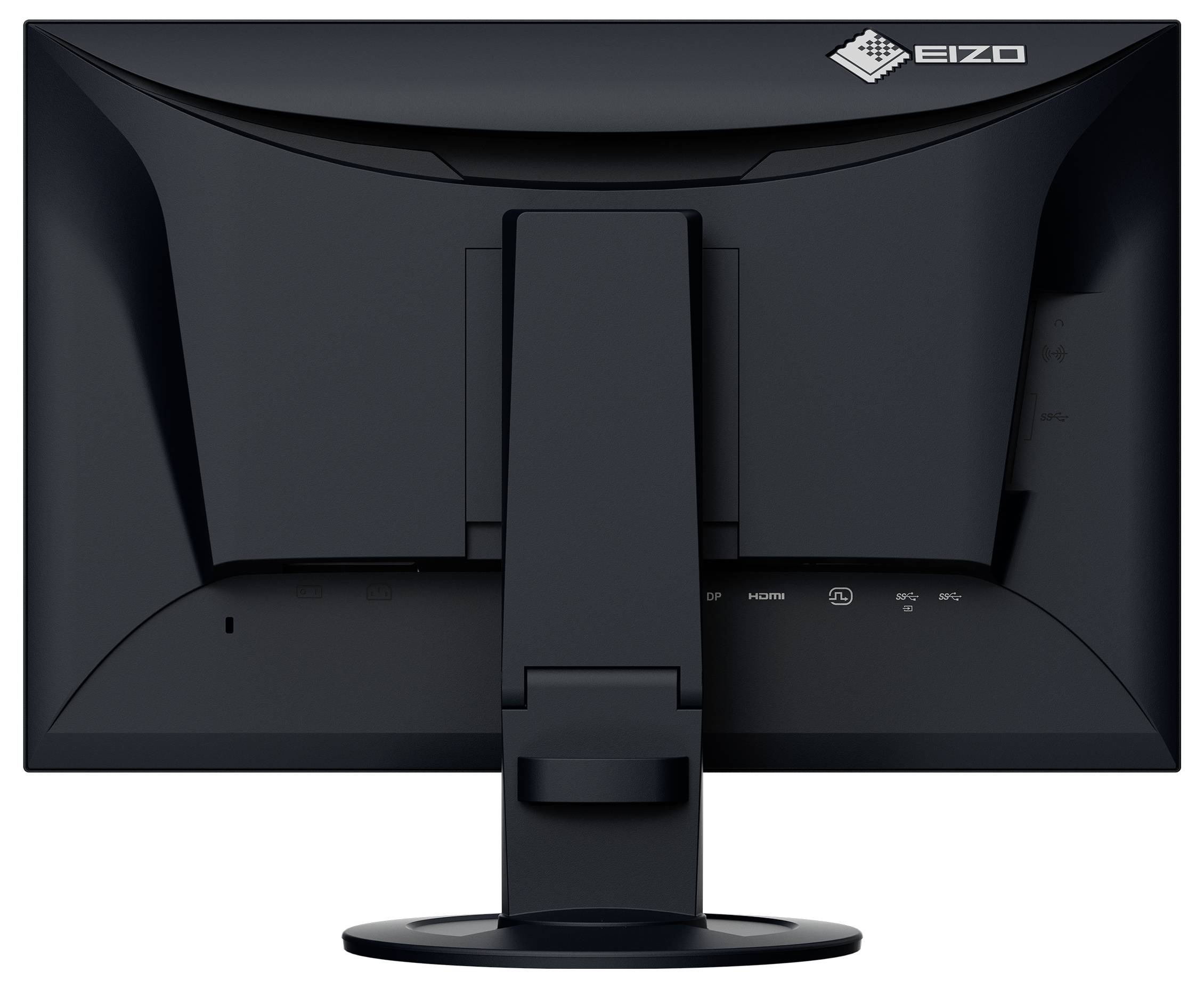 Rückansicht eines schwarzen EIZO-Computermonitors auf einem Ständer, die das Rückschild und die Kabelanschlüsse auf weißem Hintergrund zeigt.