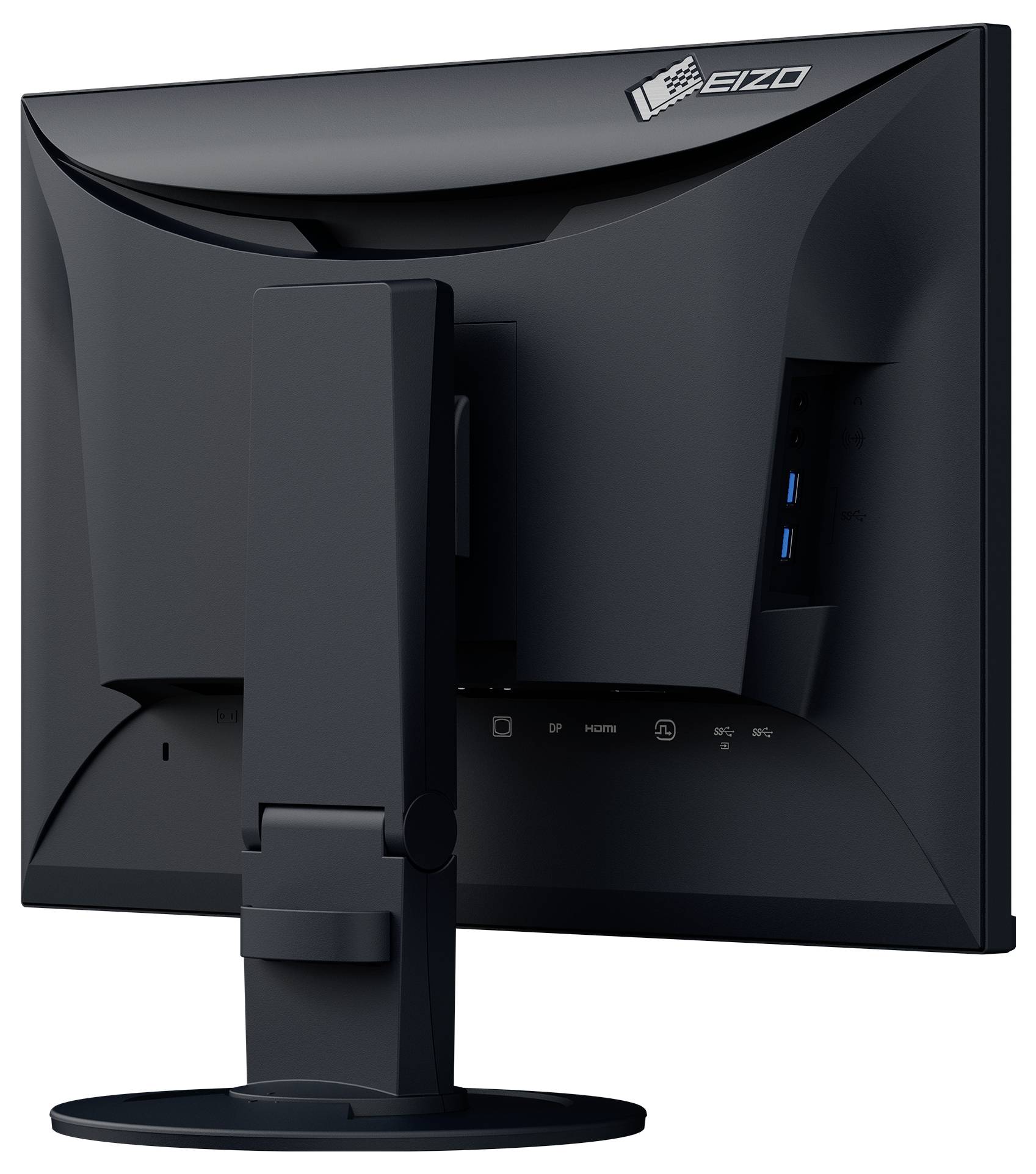 Rückansicht eines schwarzen EIZO-Computermonitors auf einem Ständer, der seitliche USB-Anschlüsse und ein gekrümmtes Rückdesign zeigt.