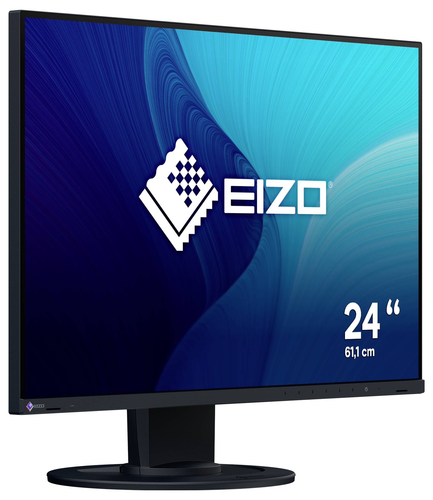 EIZO 24-Zoll-Computermonitor mit blauem Bildschirmgrafik und Ständer, dargestellt als Produktbild.