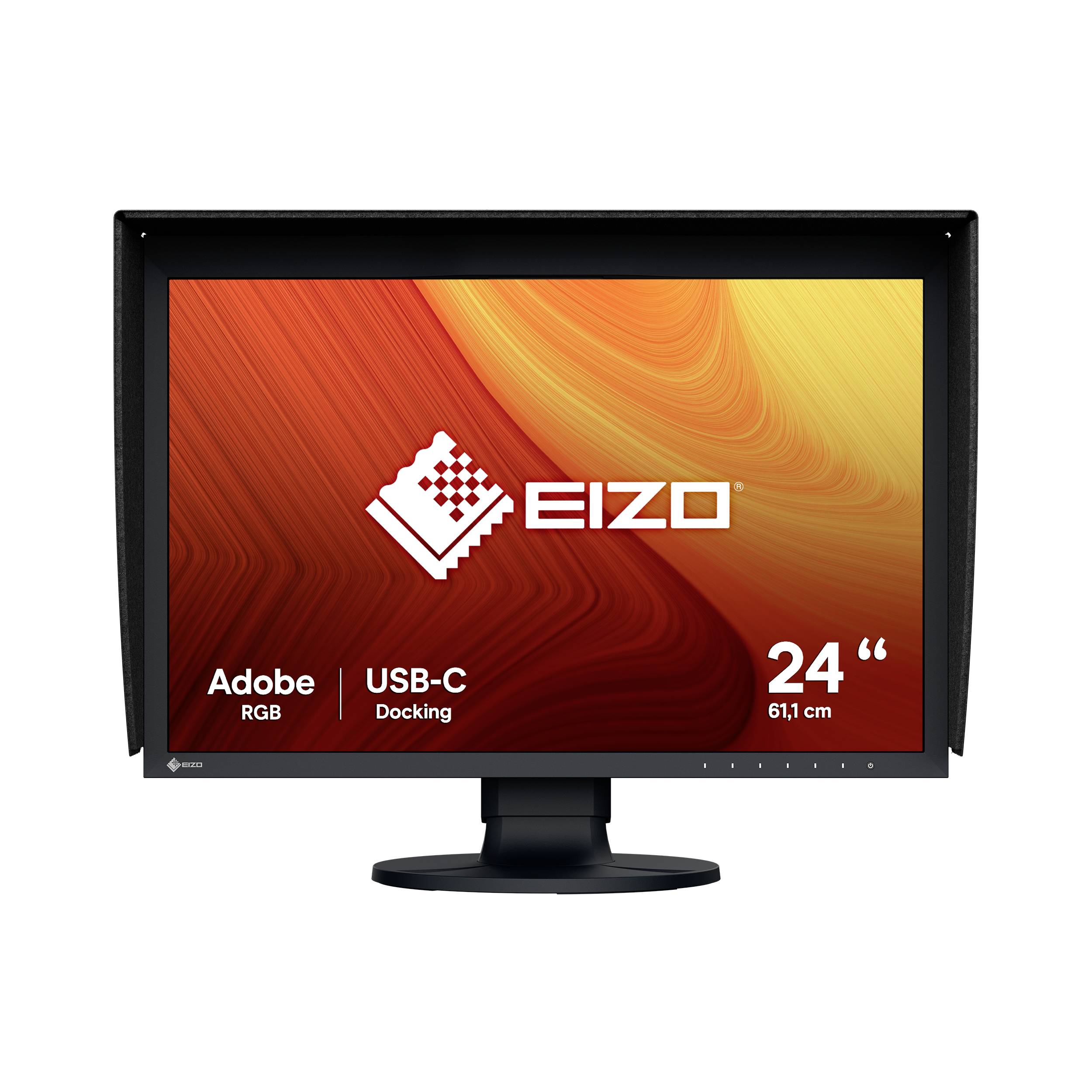 Schwarzer EIZO-Desktop-Monitor auf einem Ständer, der einen orangefarbenen Bildschirm mit den Texten „Adobe RGB
