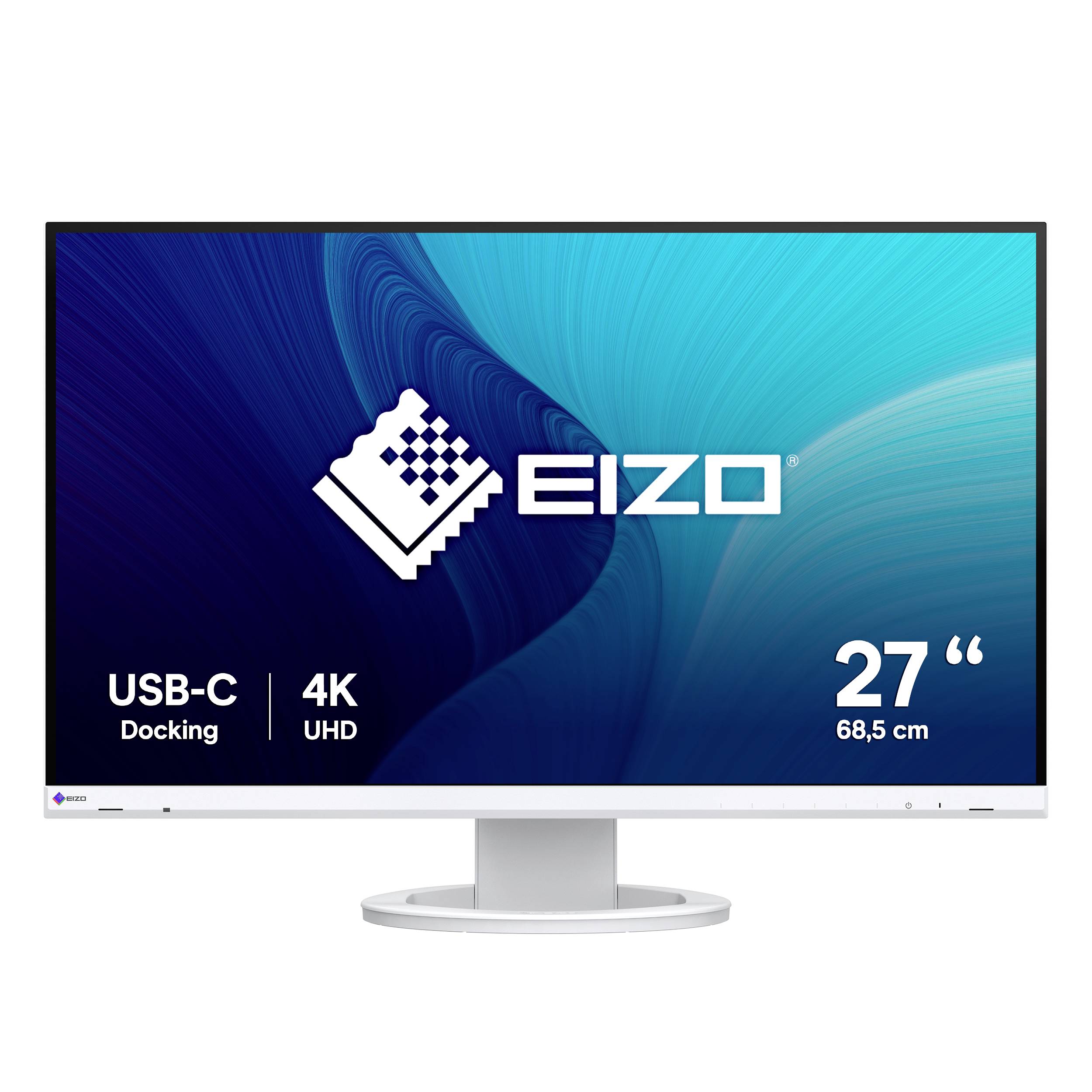 EIZO 27-Zoll 4K UHD-Monitor mit USB-C-Docking, Frontansicht auf einem Ständer gezeigt.