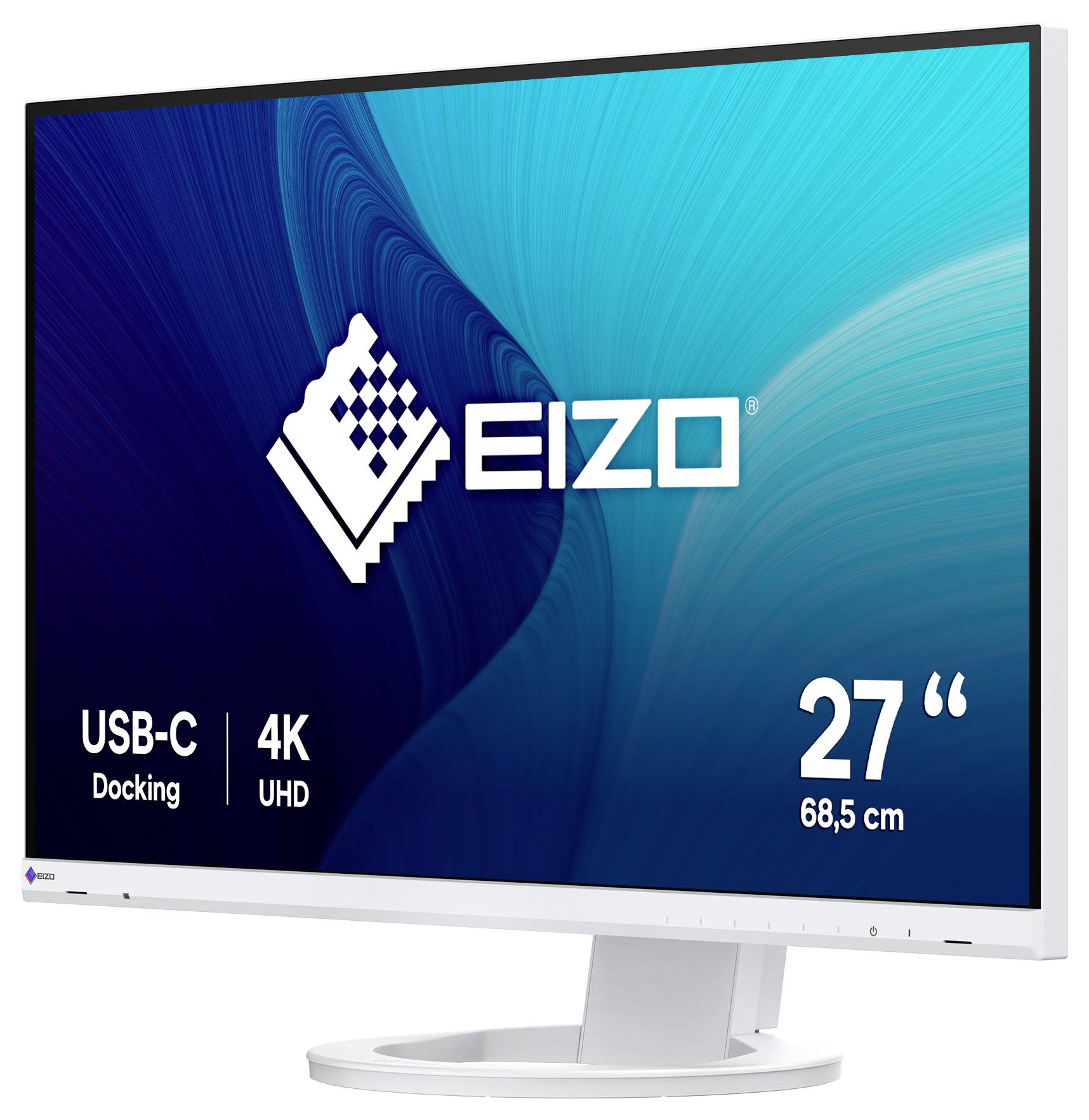 EIZO 27-Zoll-4K-UHD-USB-C-Docking-Monitor auf einem Ständer dargestellt, mit dem EIZO-Logo und der Größe „27