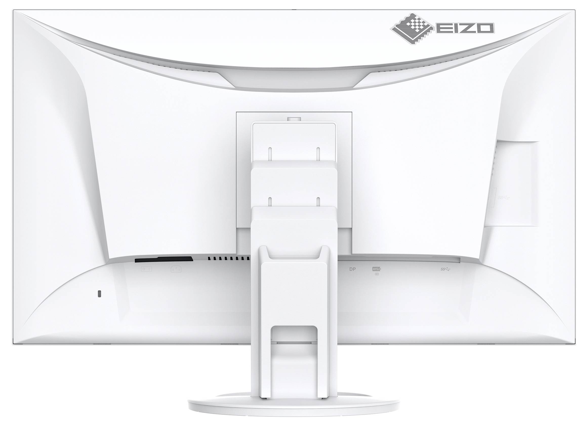 Rückansicht eines weißen EIZO-Computermonitors auf einem Ständer, der die Rückseite und das Logo zeigt.