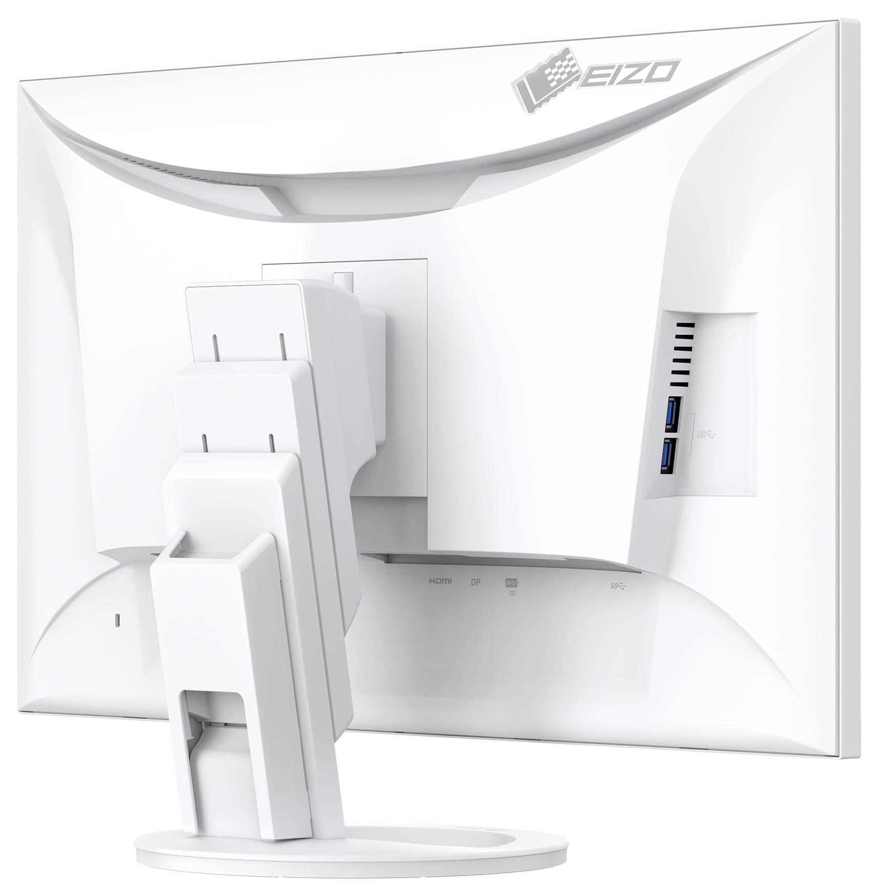 Rückansicht eines EIZO-Computermonitors mit verstellbarem Ständer und integrierten USB-Anschlüssen auf der rechten Seite.