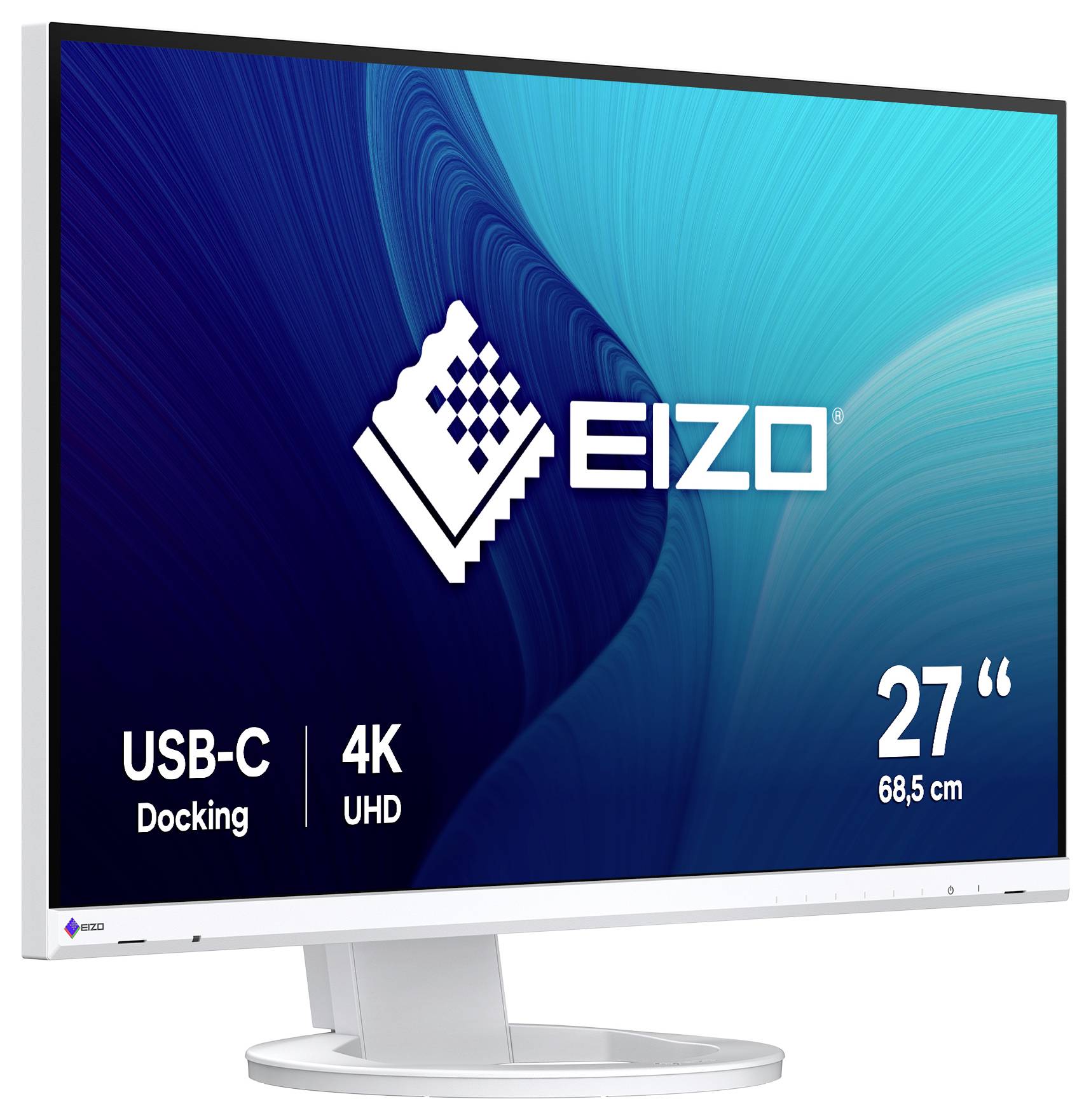 EIZO 27-Zoll 4K UHD-Monitor mit USB-C-Docking, auf einem weißen Ständer gezeigt.