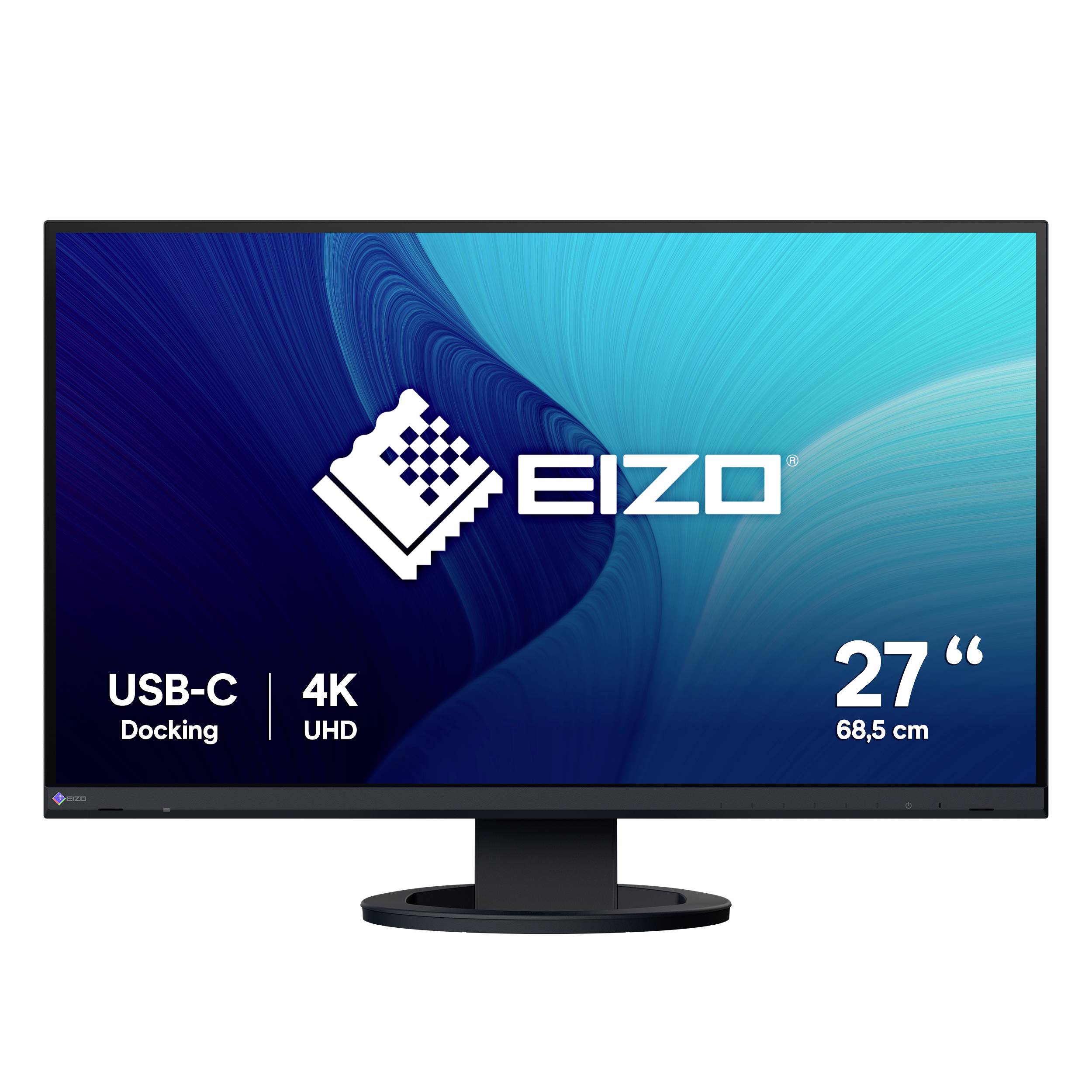 EIZO 27-Zoll 4K UHD-Monitor mit USB-C-Dockingstation, Vorderansicht auf weißem Hintergrund.