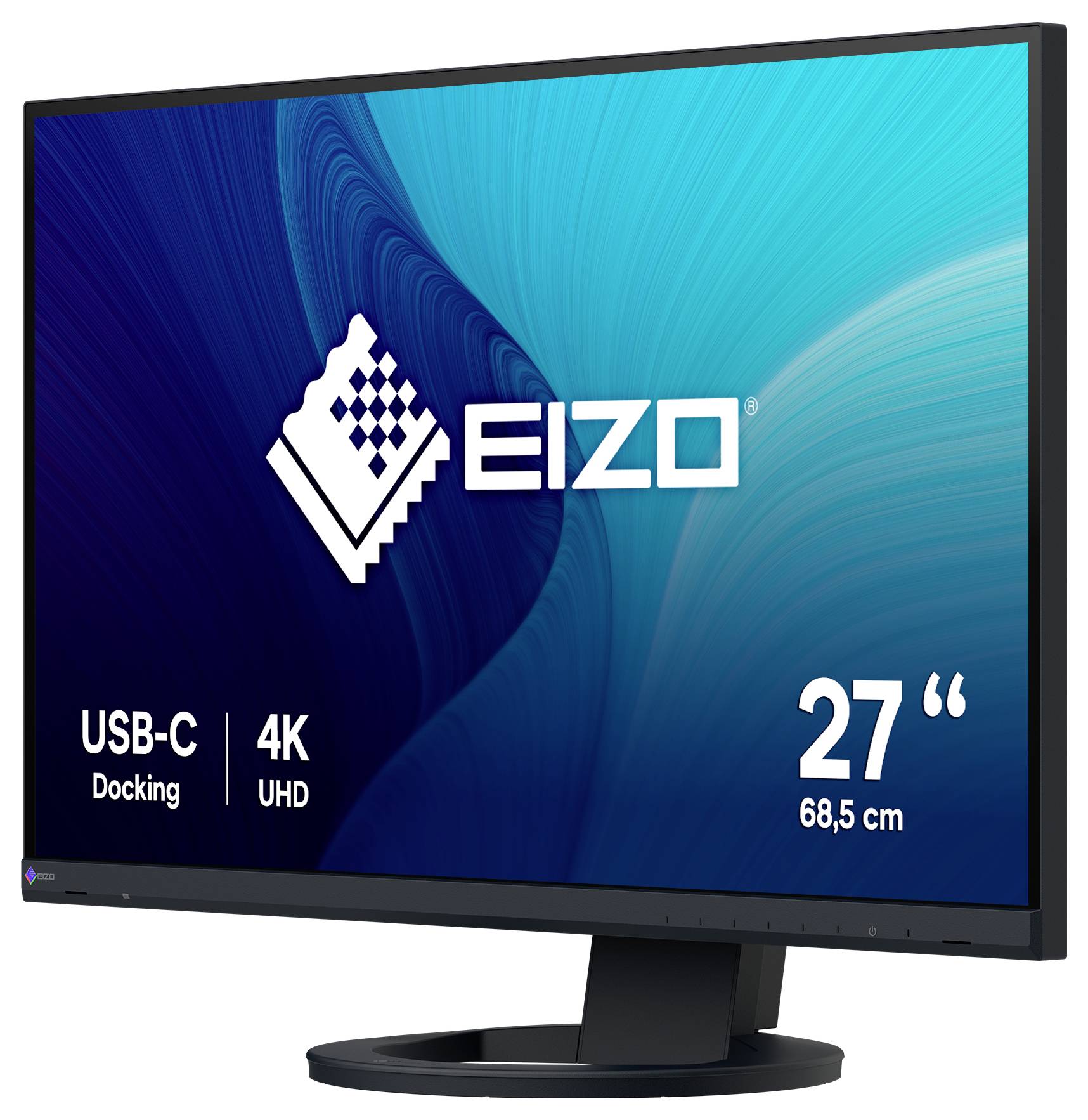 EIZO 27-Zoll 4K UHD Monitor mit USB-C Docking, gezeigt auf einem Ständer mit blauem Display-Grafik.
