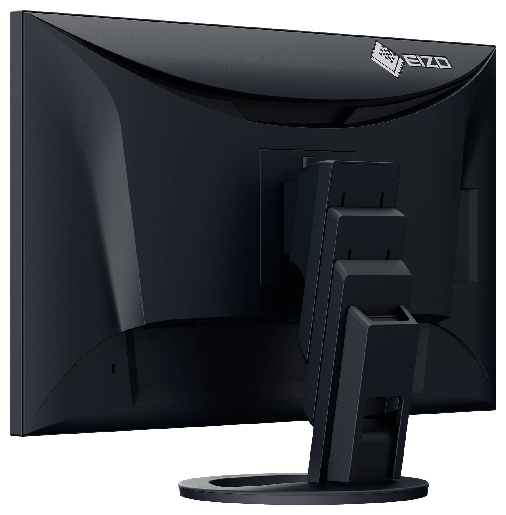 Schwarzer EIZO-Flachbildschirm von hinten gezeigt, auf einem Ständer mit verstellbarem Scharnier montiert.