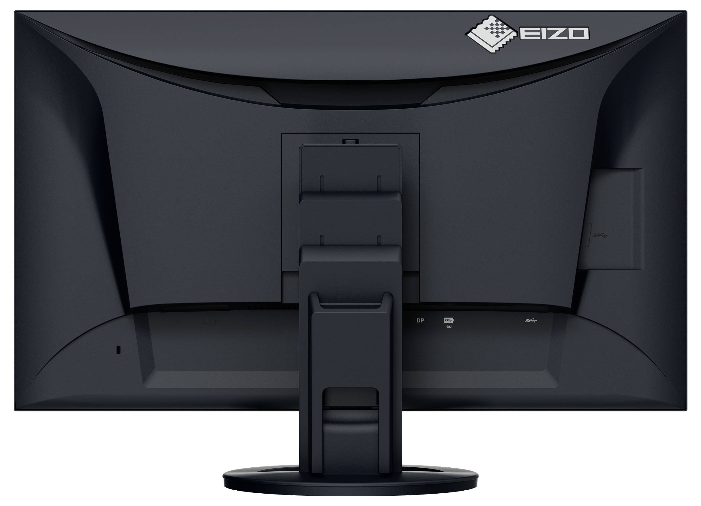 Rückansicht eines schwarzen EIZO-Computermonitors auf einem Ständer, die das Rückpanel und den zentralen Kabelmanagementbereich zeigt.