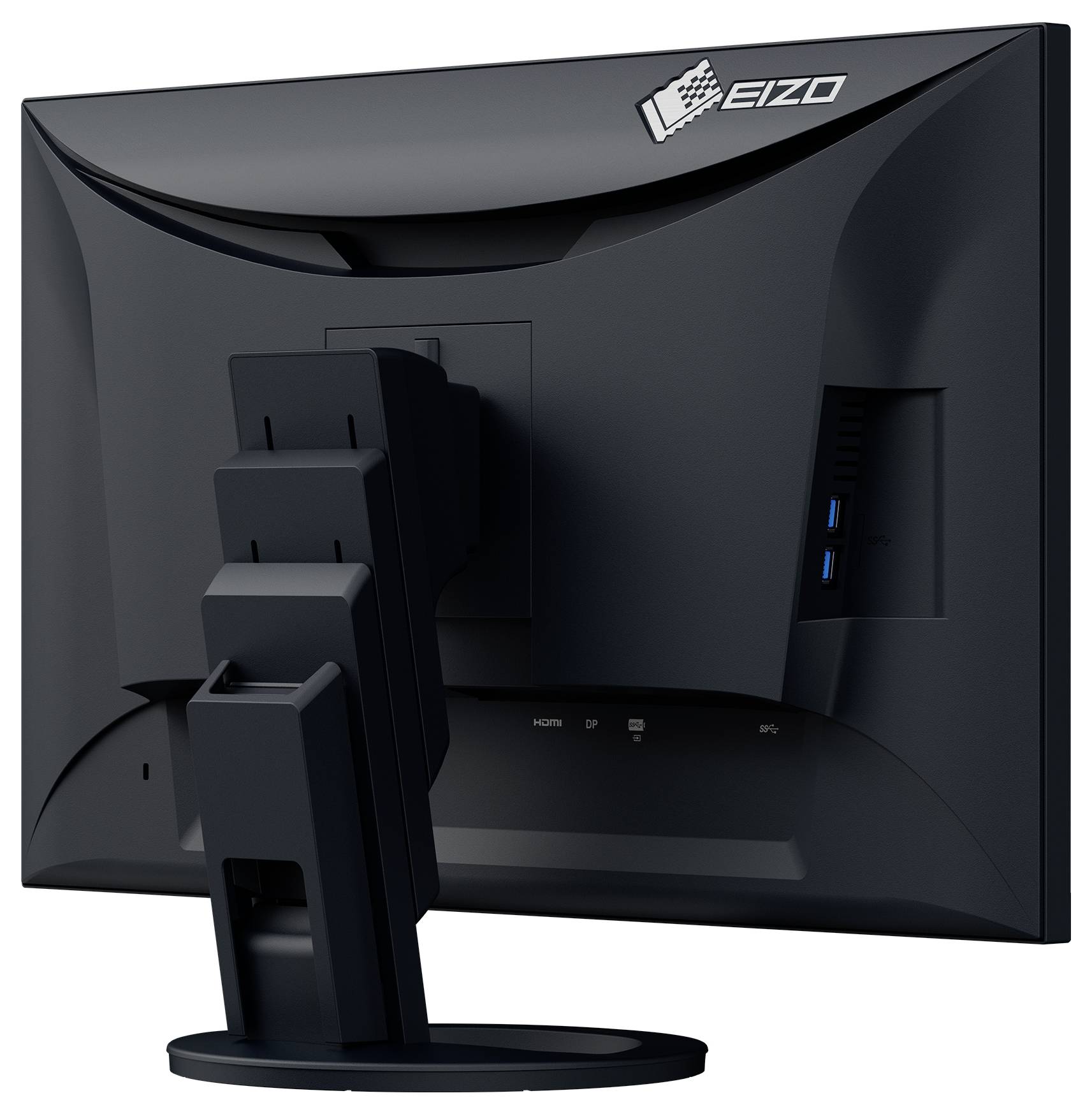 Rückansicht eines EIZO-Desktopmonitors mit Ständer, Anschlüssen und Kabelmanagement-Bereich auf weißem Hintergrund.