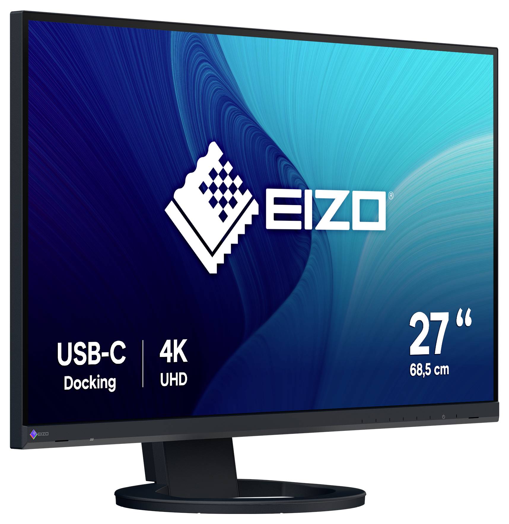 EIZO 27-Zoll-4K-UHD-Monitor mit USB-C-Docking, gezeigt in einem Produktbild.