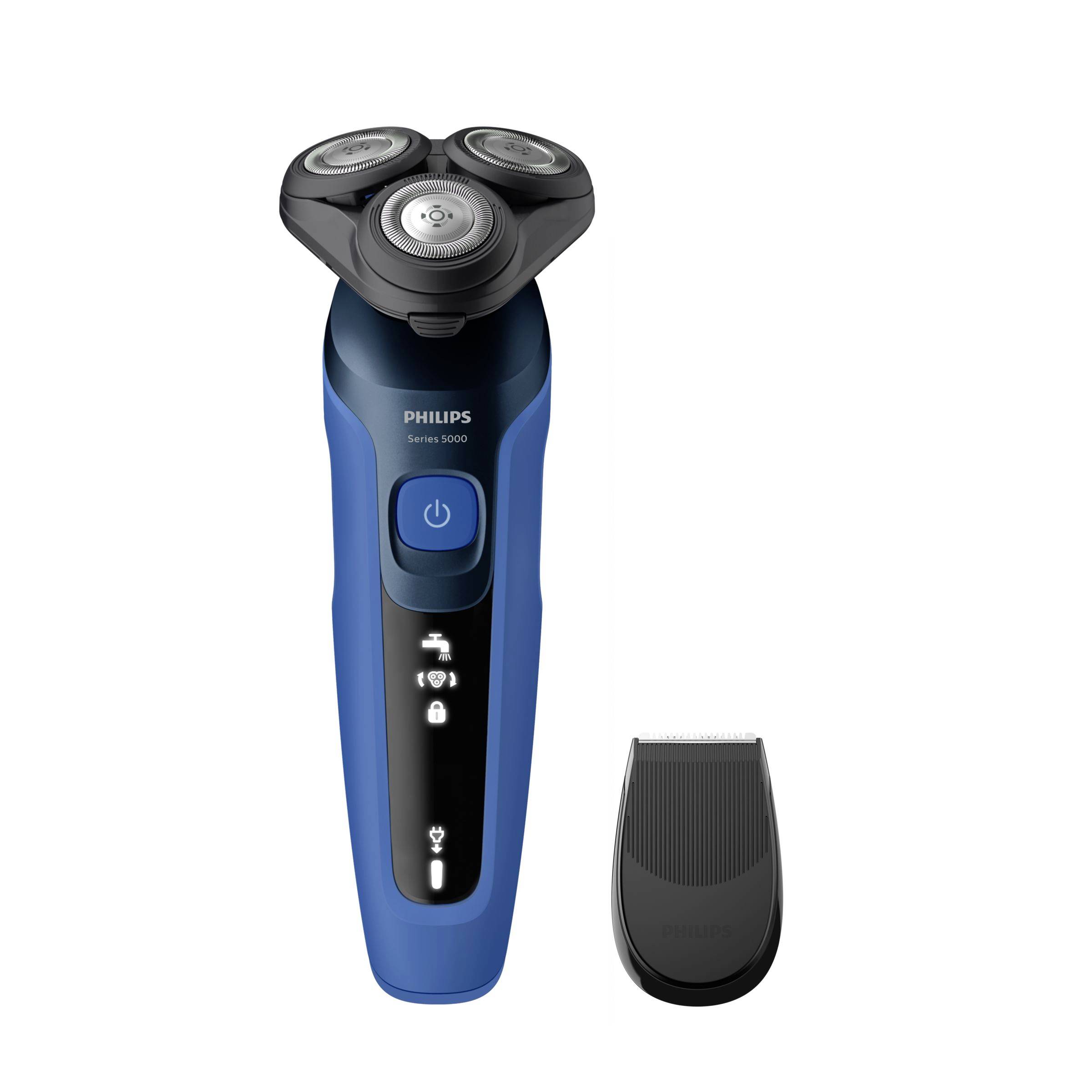 Blauer Philips Elektrorasierer mit drei rotierenden Köpfen, Einschaltknopf und Display-Symbolen, abgebildet mit seiner schwarzen Schutzkappe daneben.