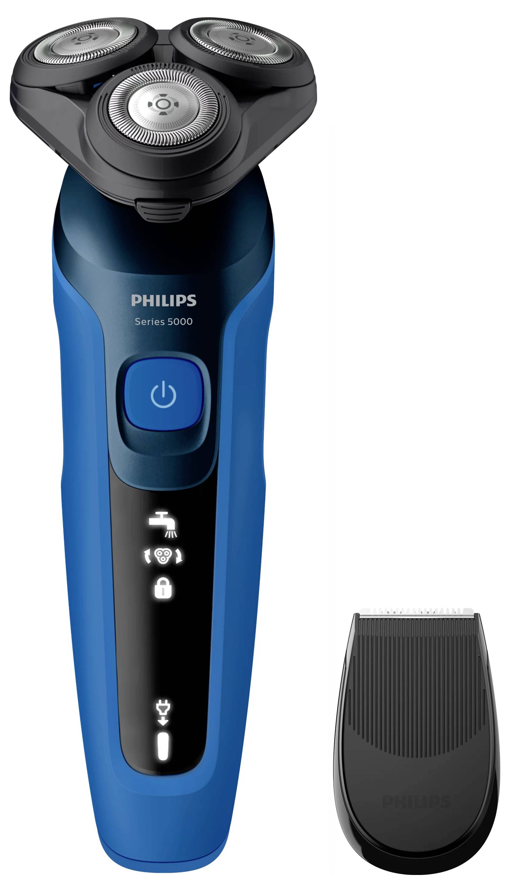 Blauer Philips Series 5000 Elektrorasierer mit drei rotierenden Köpfen, Ein-/Ausschalter und Batterie-/Sperrschalter-Anzeigen, gezeigt mit seiner schwarzen Schutzkappe.