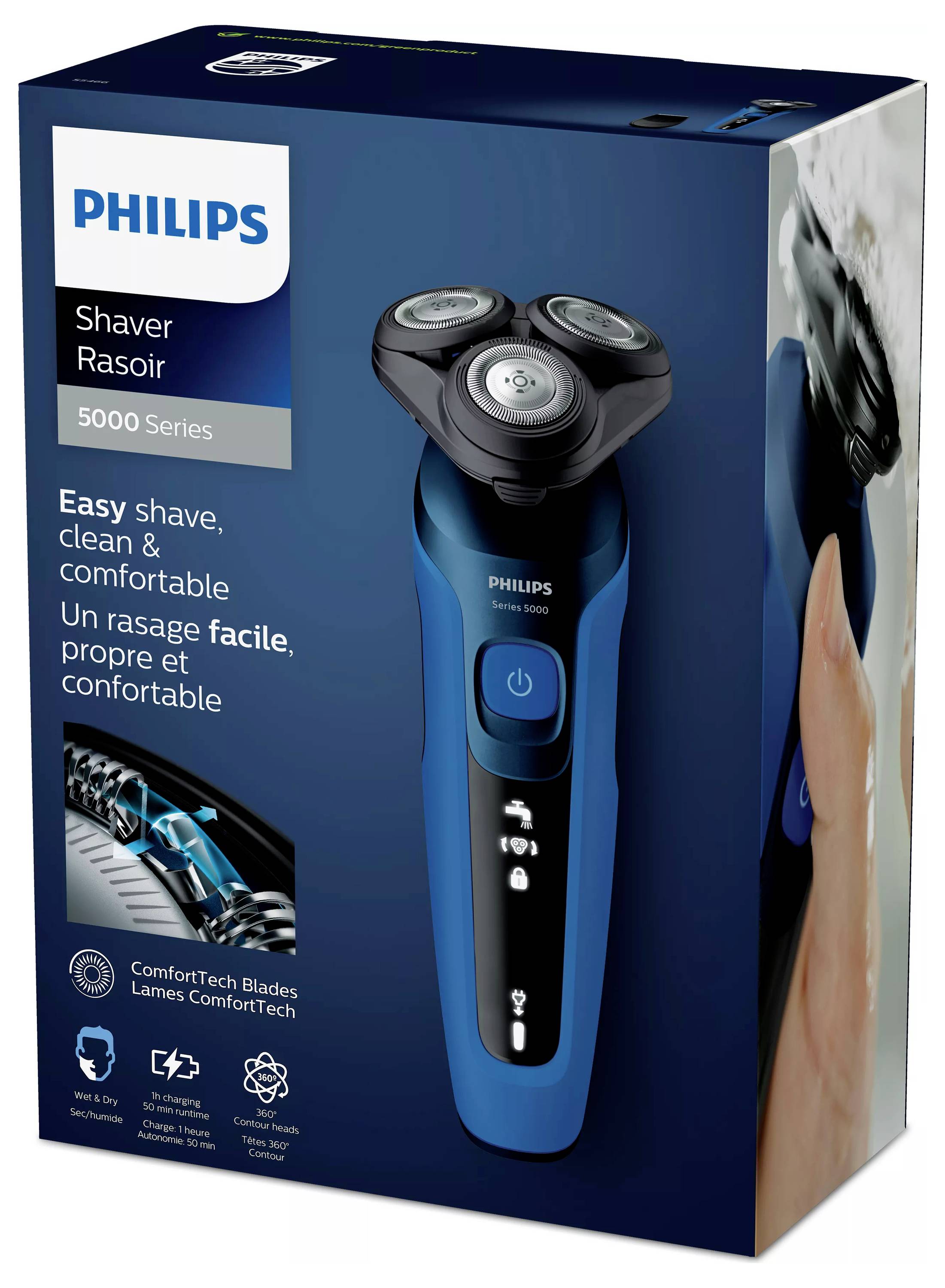 Philips Rasierer Razor 5000 Serie, Box mit blauem elektrischem Rasierer und Text: „Einfaches Rasieren, sauber und angenehm.