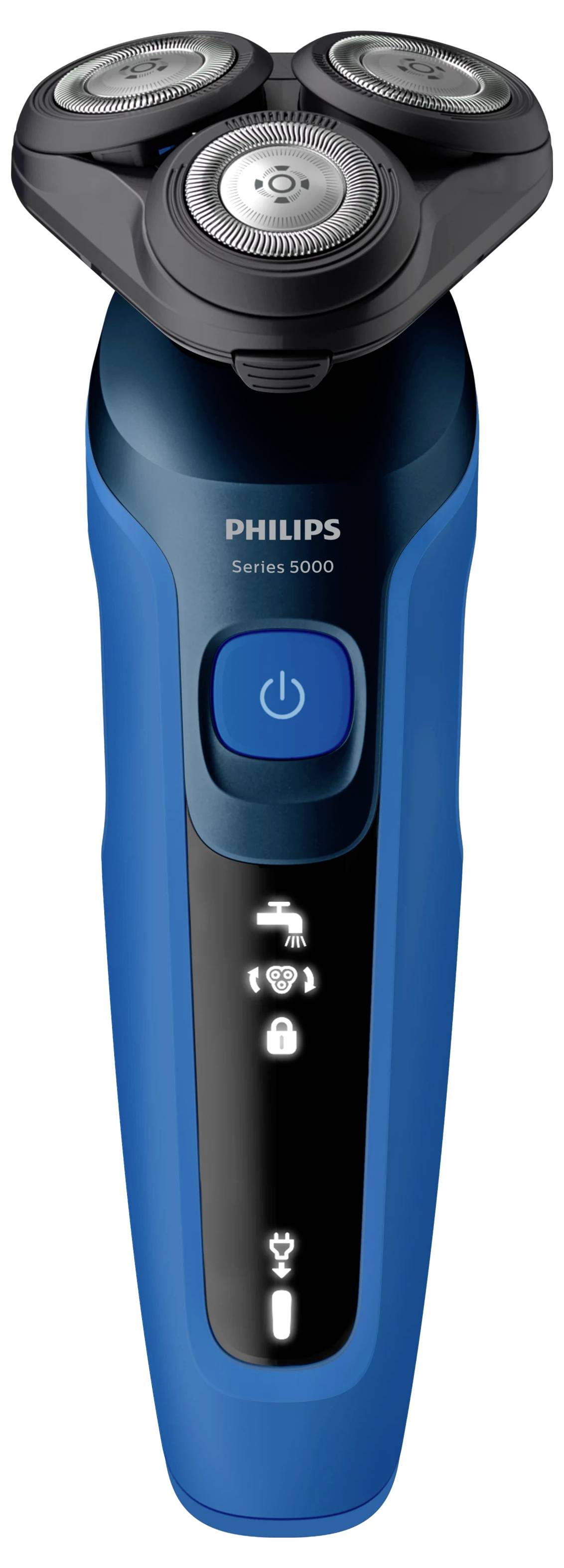 Philips Series 5000 Elektrorasierer mit drei rotierenden Köpfen, Einschalter, Batterie- und Reiseverriegelungsindikatoren und ausklappbarem Trimmer.