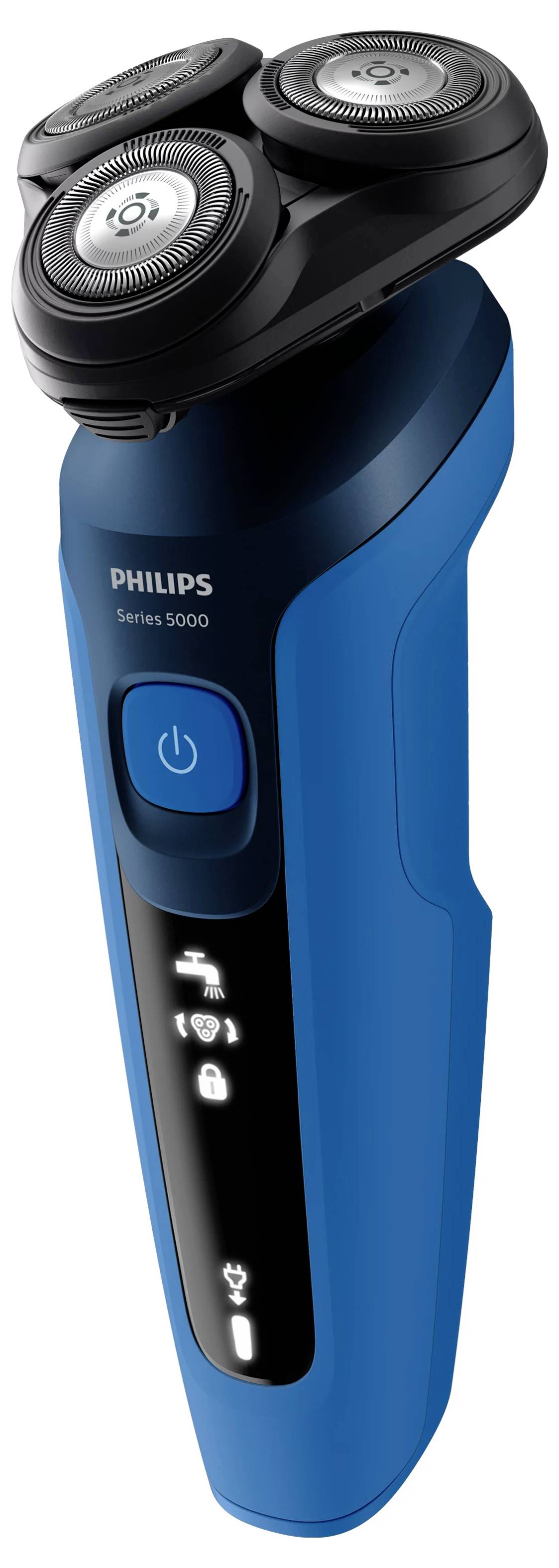 Blauer Philips Series 5000 Elektrorasierer mit drei rotierenden Köpfen und beleuchteten Leistungs-/Statussymbolen am Griff.