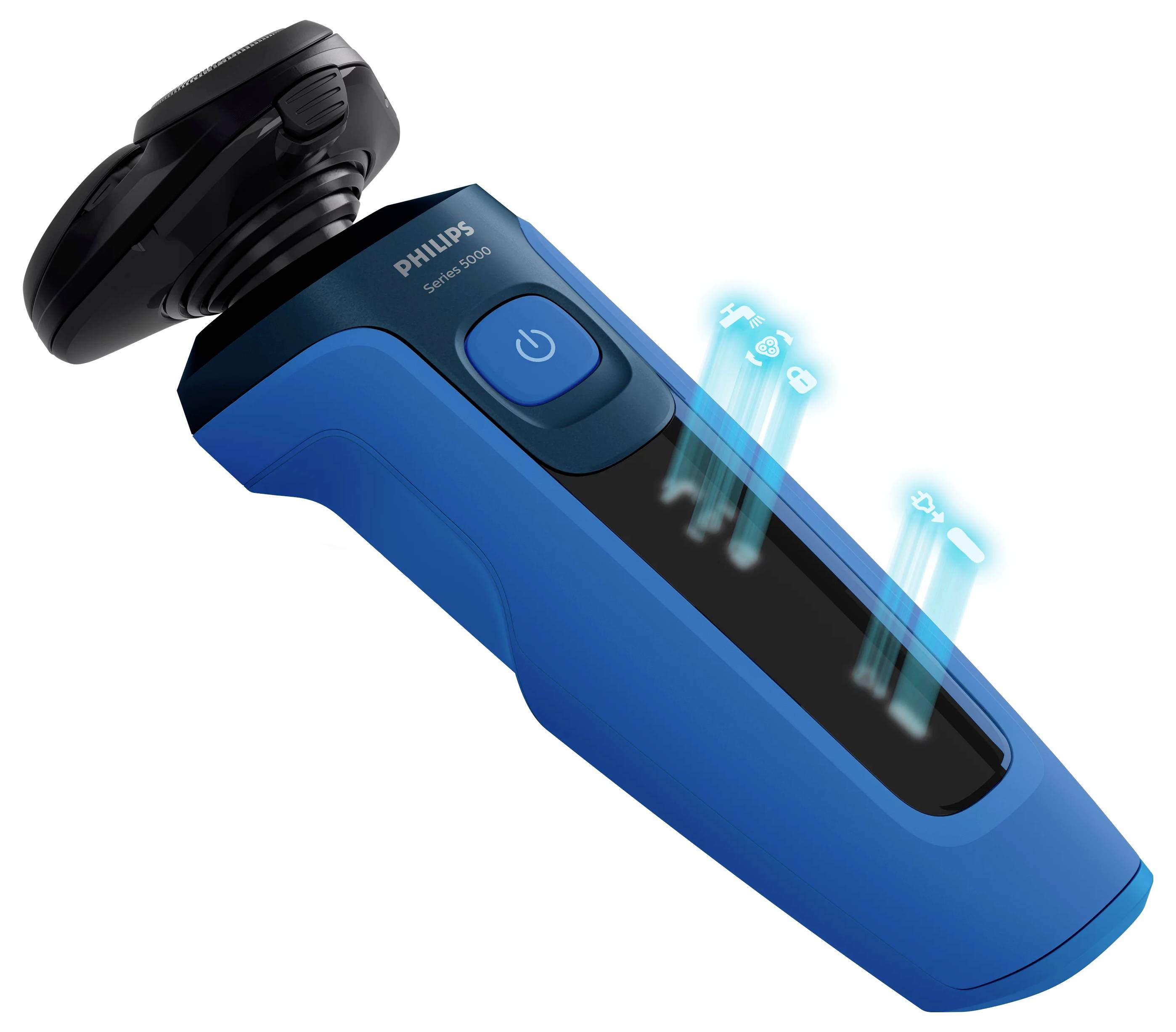 Blauer Philips Elektrorasierer mit schwarzem Scherkopf und Ein-/Ausschalter, dargestellt mit leuchtenden Symbolen, die die Funktionen für Nass- und Trockenrasur anzeigen.