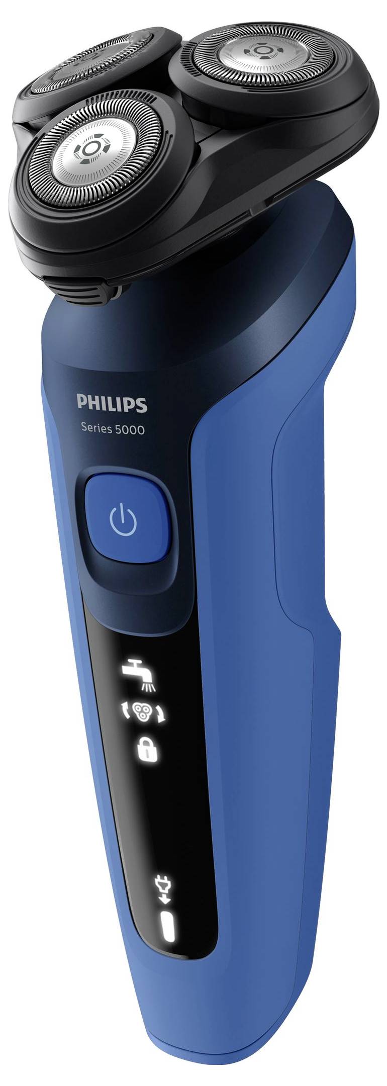 Blauer Philips Series 5000 Elektrorasierer mit drei rotierenden Köpfen, Einschalter und beleuchteten Akku- und Reinigungsindikatoren auf der Vorderseite.