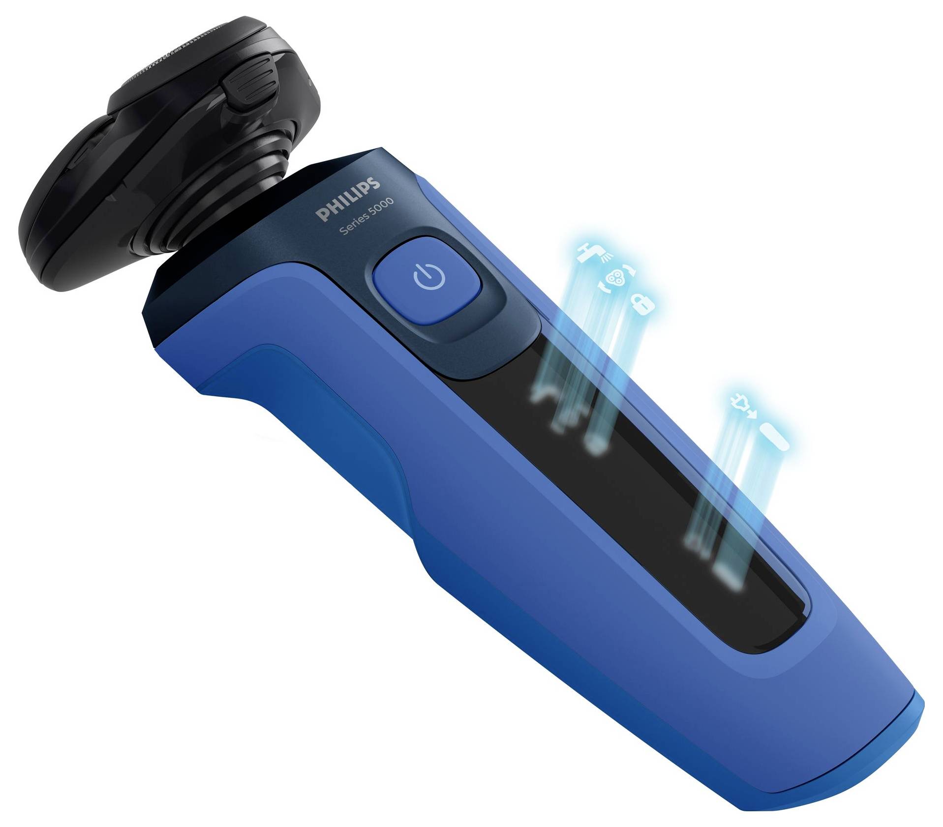 Blauer Philips Elektrorasierer mit schwimmenden Köpfen und beleuchteten Batterie-/Ladeanzeigen, im Winkel auf weißem Hintergrund dargestellt.