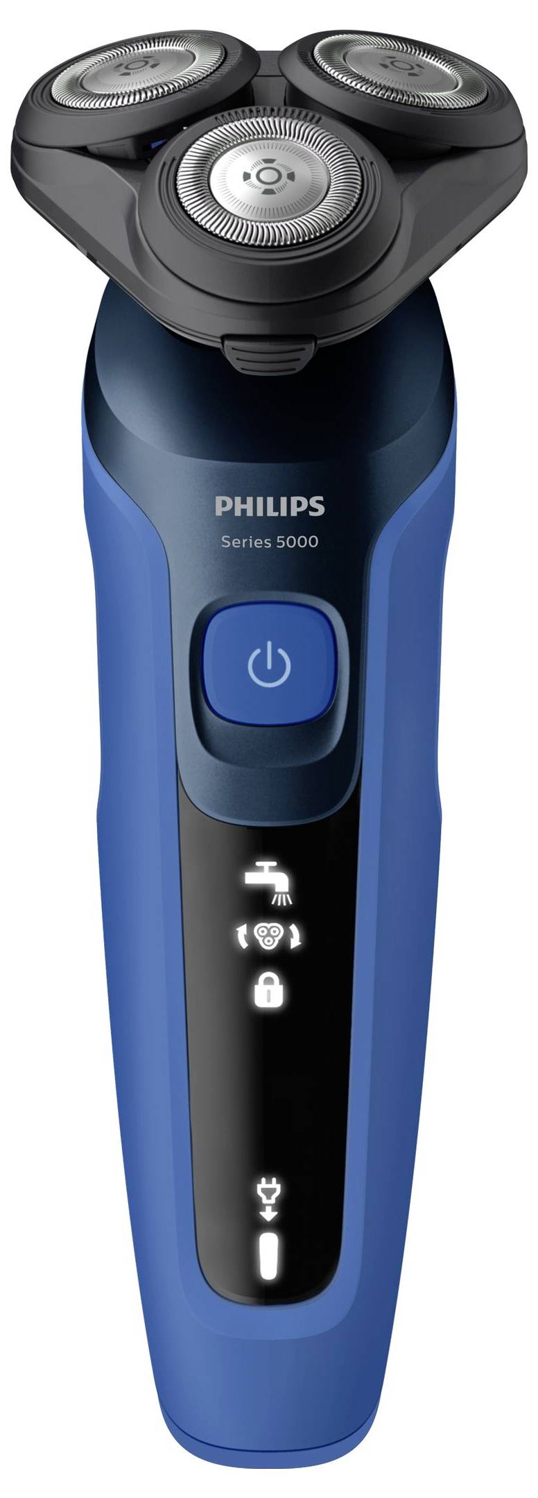 Philips Series 5000 elektrischer Rasierer mit drei rotierenden Köpfen, blau-schwarzem Gehäuse und beleuchteten Anzeigen für Batterie, Verriegelung und Reinigung.