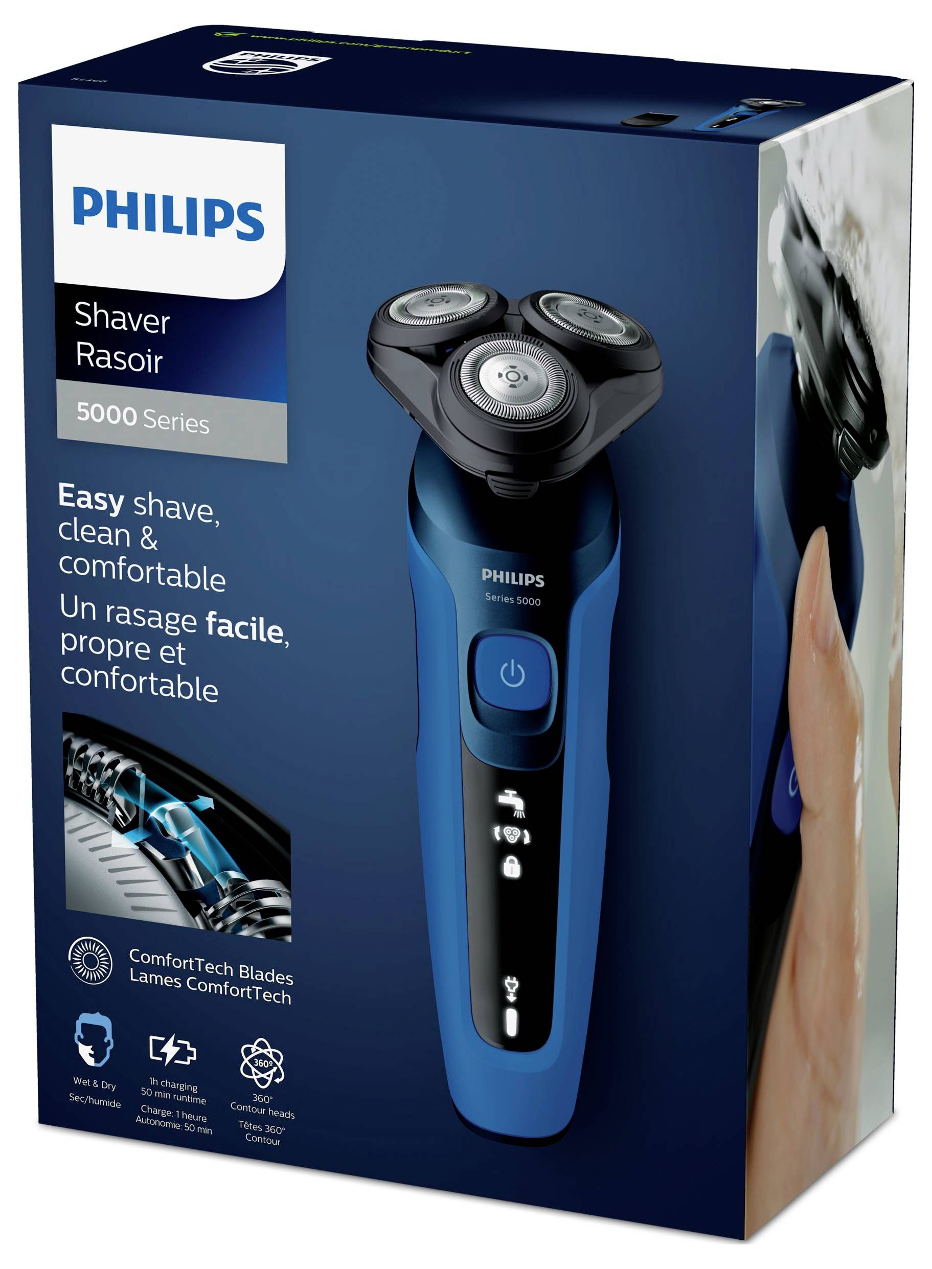 Philips Shaver 5000 Series Elektrorasierer Box, zeigt den blauen Rotationskopf und Text „Einfaches Rasieren, saubere und angenehme Rasur