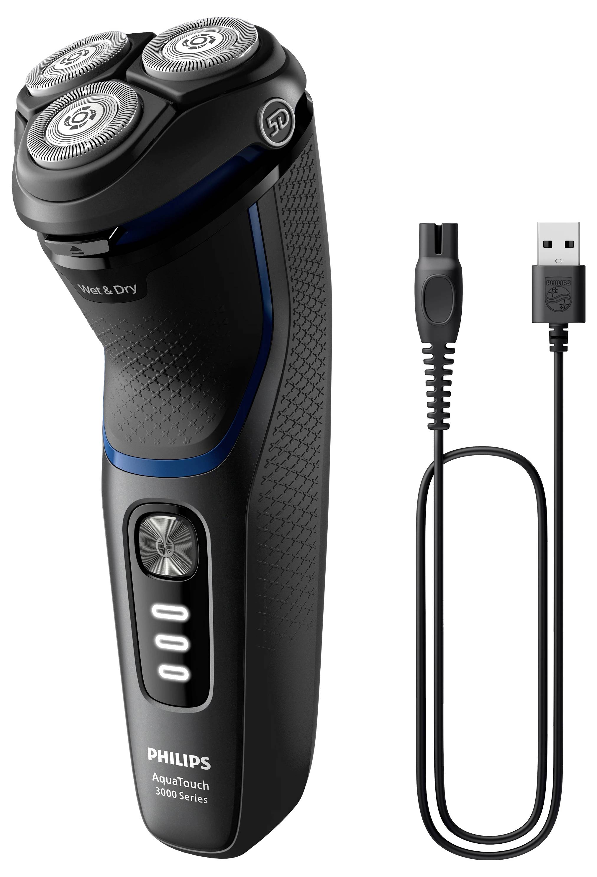 Philips AquaTouch Elektrorasierer mit drei rotierenden Köpfen und USB-Ladekabel.