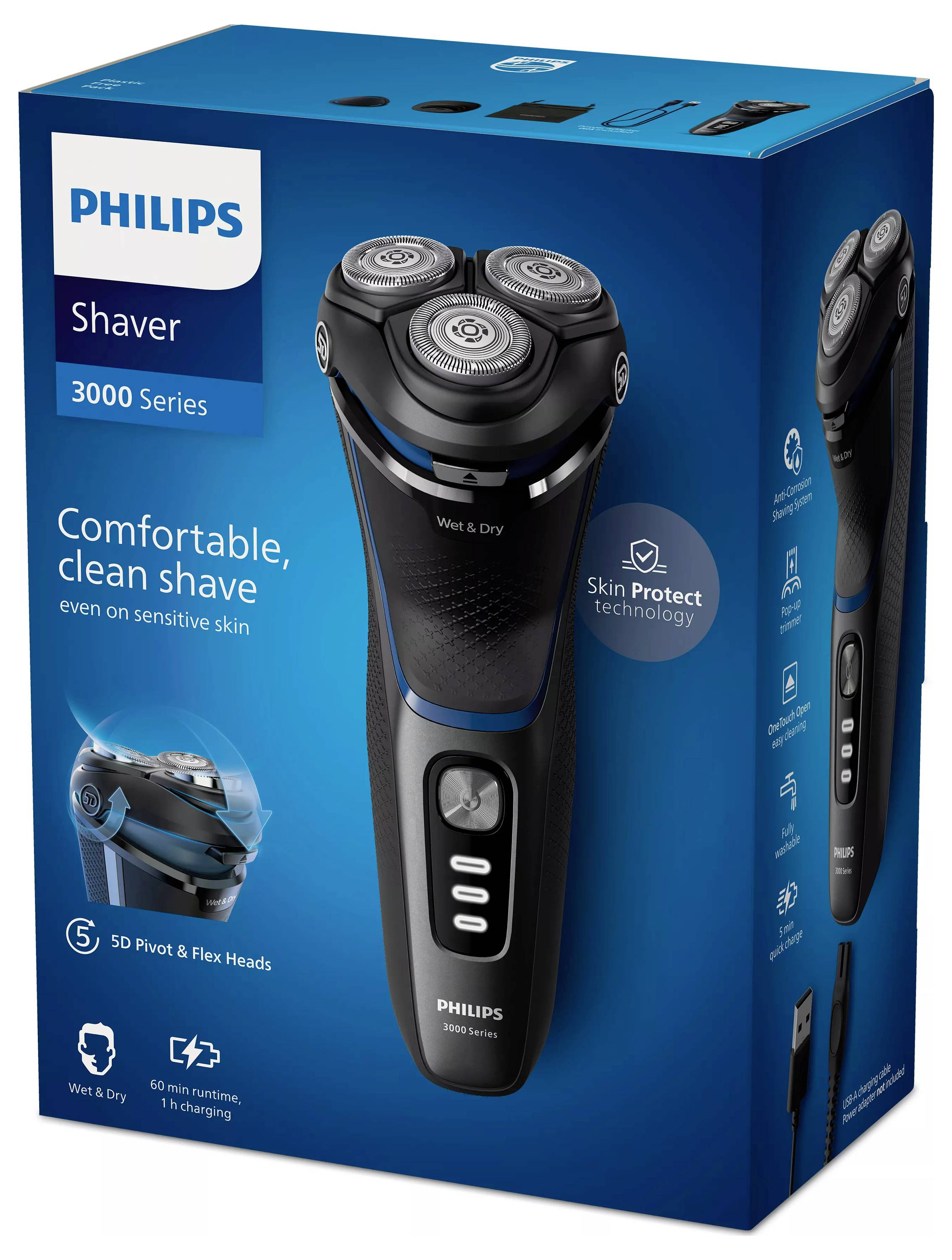 Philips Shaver 3000 Serie Schachteln zeigt einen Nass- und Trockenrasierer mit Skin Protect-Technologie und 5D-Pivot- und Flex-Köpfen.