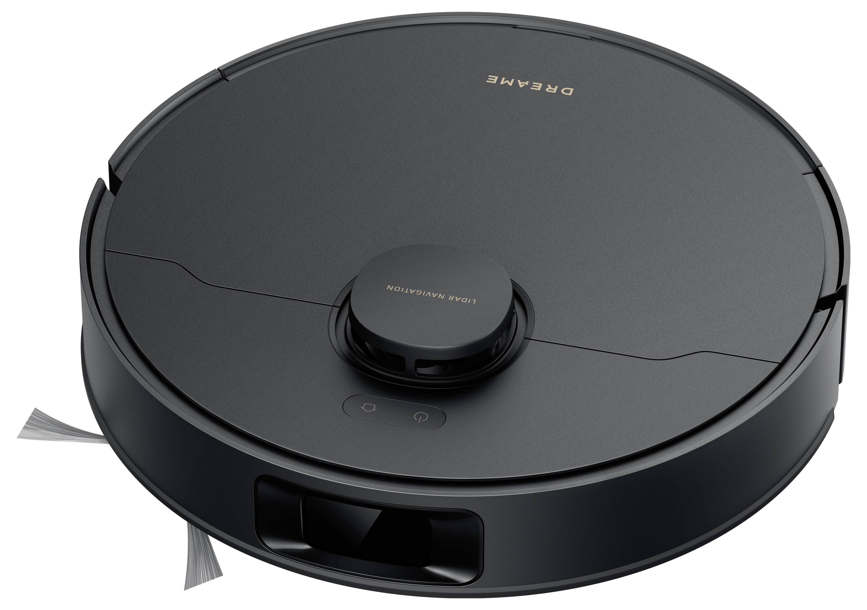 Schwarzer Dreame-Roboterstaubsauger von oben fotografiert, mit rundem Körper, zentralem Sensorturm und sichtbarer Frontbürste.