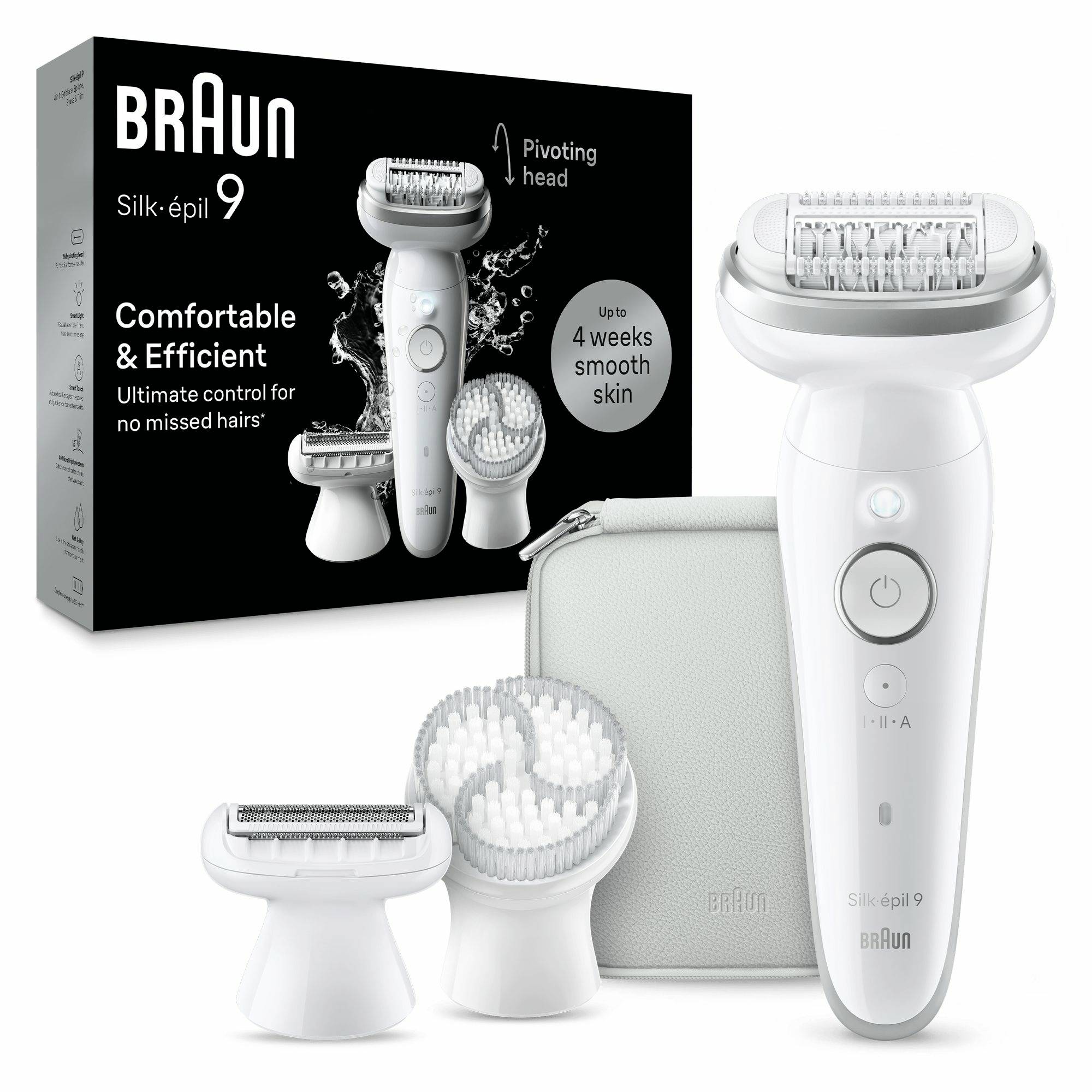 Braun Silk-épil 9 Epiliergerät-Set mit schwenkbarem Kopf, Gesichts- und Körperaufsätzen, Aufbewahrungstasche und Verpackung mit dem Versprechen von bis zu 4 Wochen glatter Haut.