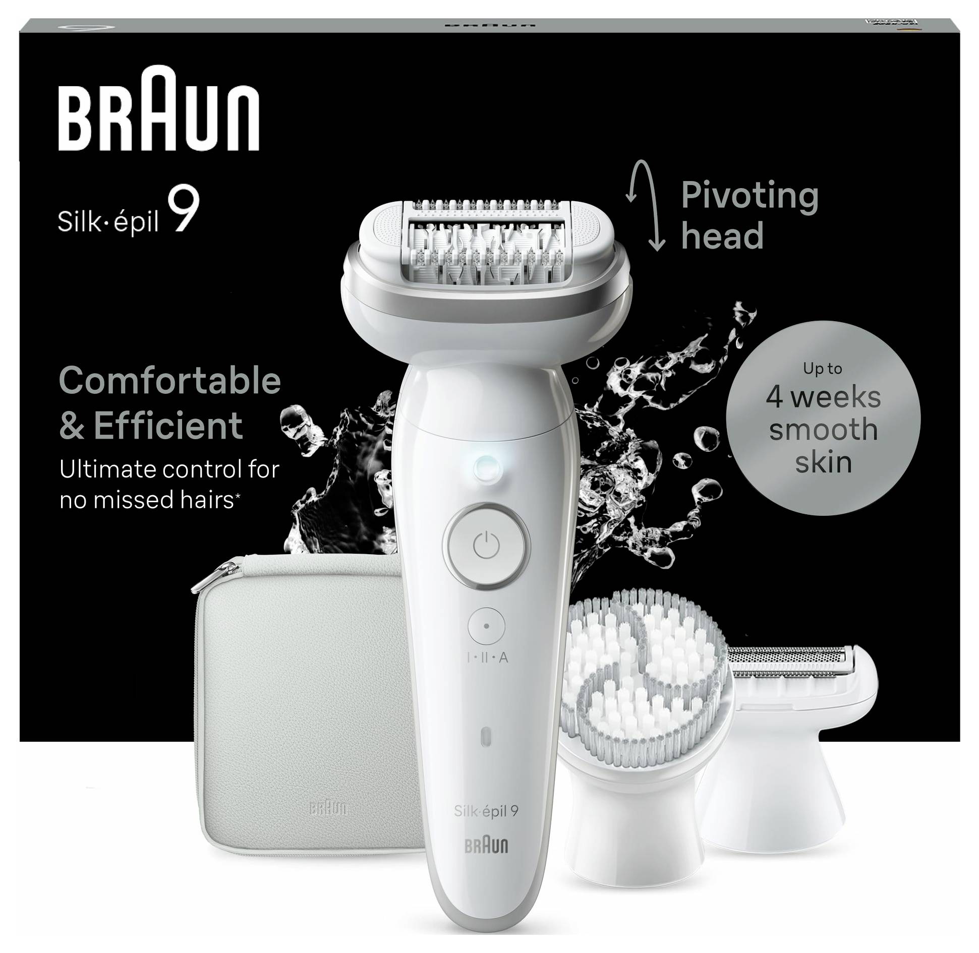 Braun Silk-épil 9 Epiliergerät-Anzeige mit Abbildung des Geräts, schwenkbarem Kopf und folgenden Aussagen: „Komfortabel & Effizient
