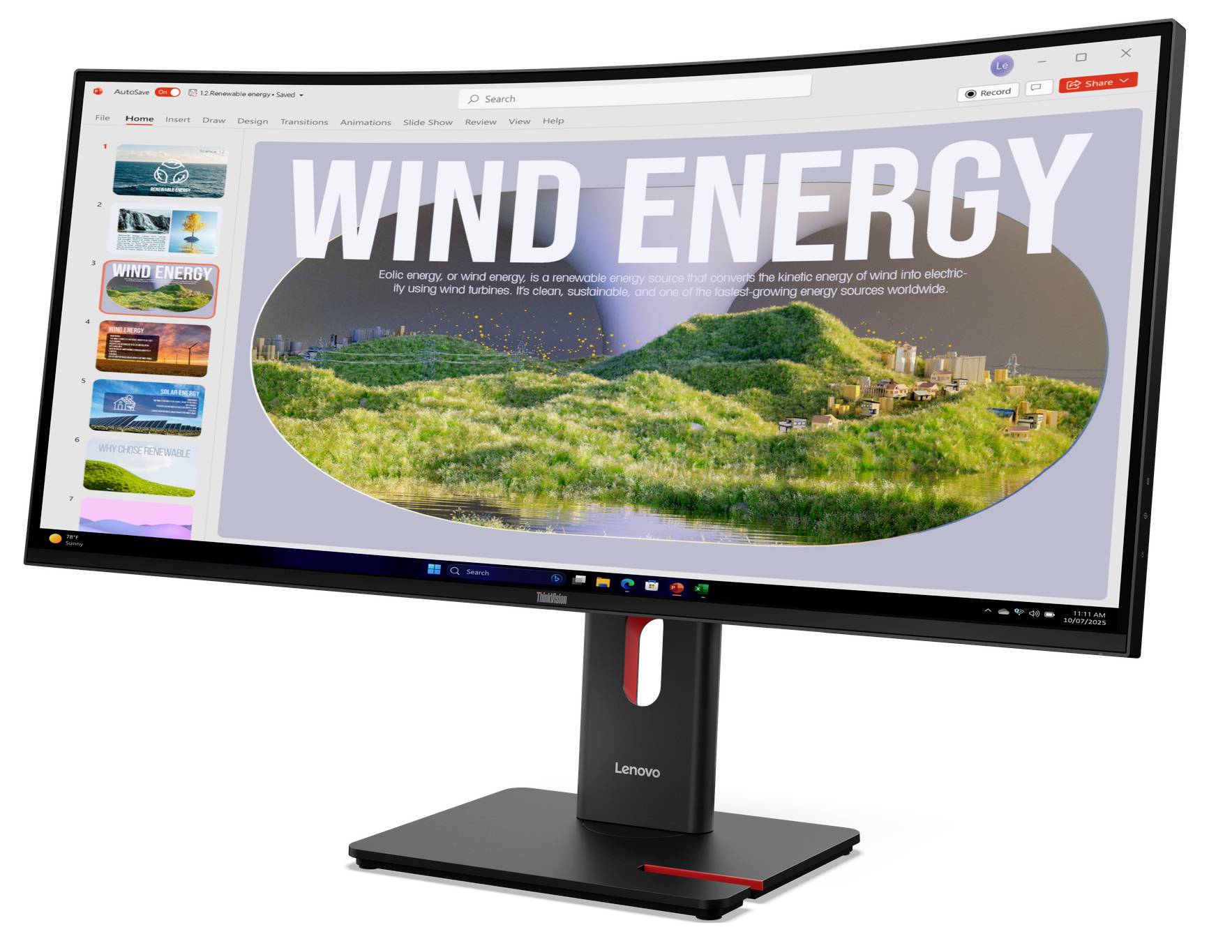 Ein Lenovo-Monitor zeigt eine Präsentationsfolie mit dem Titel „WINDENERGIE