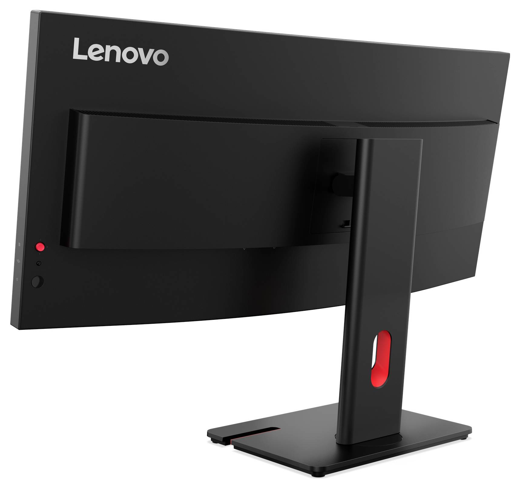 Rückansicht eines schwarzen Lenovo-Desktop-Monitors auf einem Ständer, zeigt die Rückseite, das Logo und die Bedienungstasten.