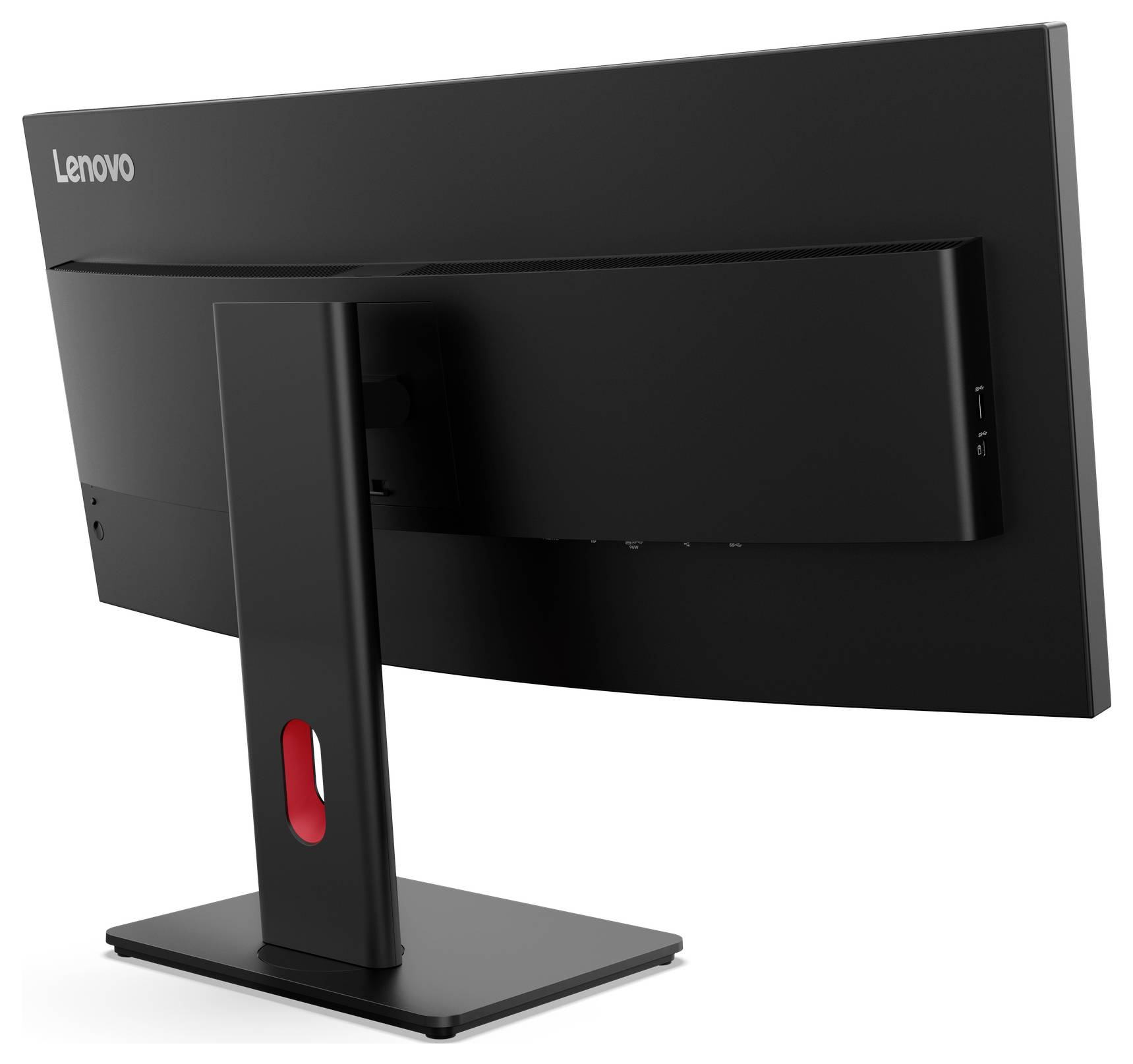 Rückseite eines Lenovo-Computermonitors auf einem schwarzen Ständer mit einer roten Kabelführungsöffnung, gezeigt auf weißem Hintergrund.