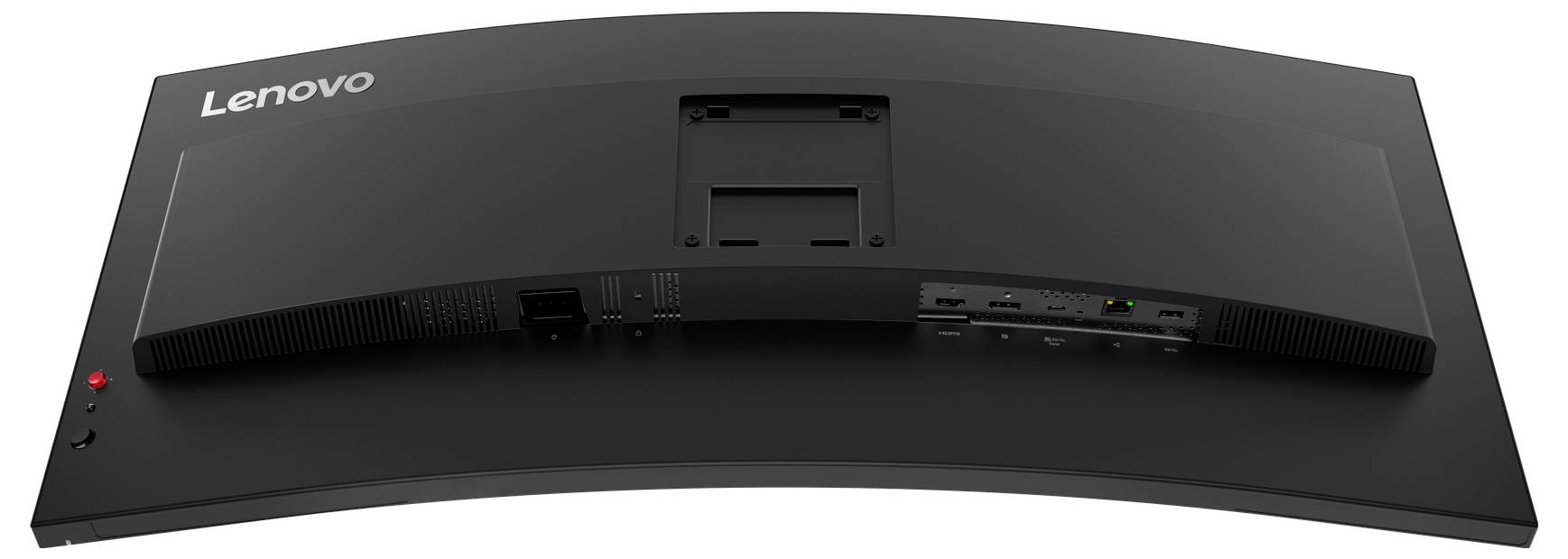 Rückansicht eines gebogenen Lenovo-Monitors mit Lüftungsschlitzen, Standfuß, Anschlüssen und einer Betriebsanzeigenleuchte.
