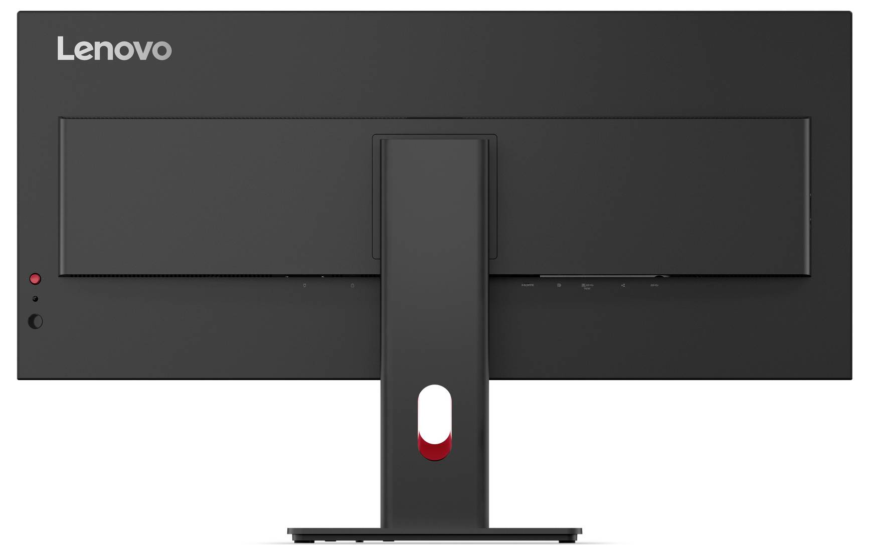 Rückansicht eines Lenovo-Breitbildmonitors mit zentralem Standfuß und einem kleinen roten Betriebsanzeiger auf der linken Seite.