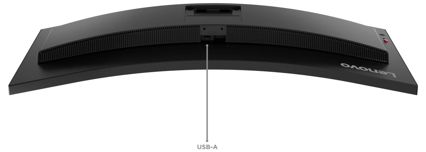 Gekrümmter Lenovo-Monitor von hinten mit dem USB-A-Anschluss in der Mitte unten gekennzeichnet.