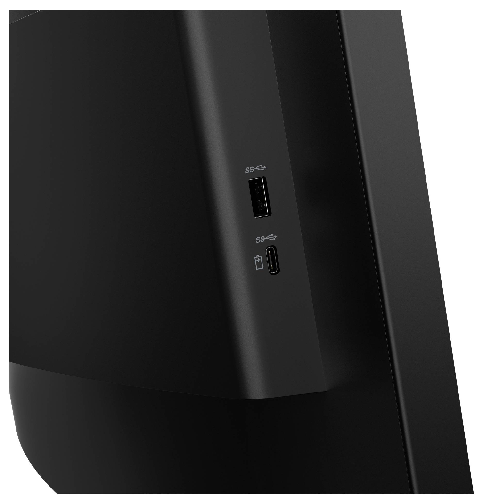 Nahaufnahme einer schwarzen Gerätevorderseite mit zwei Anschlüssen: ein USB-A-Anschluss oben und ein USB-C-Anschluss unten, beide mit USB-Symbolen gekennzeichnet.