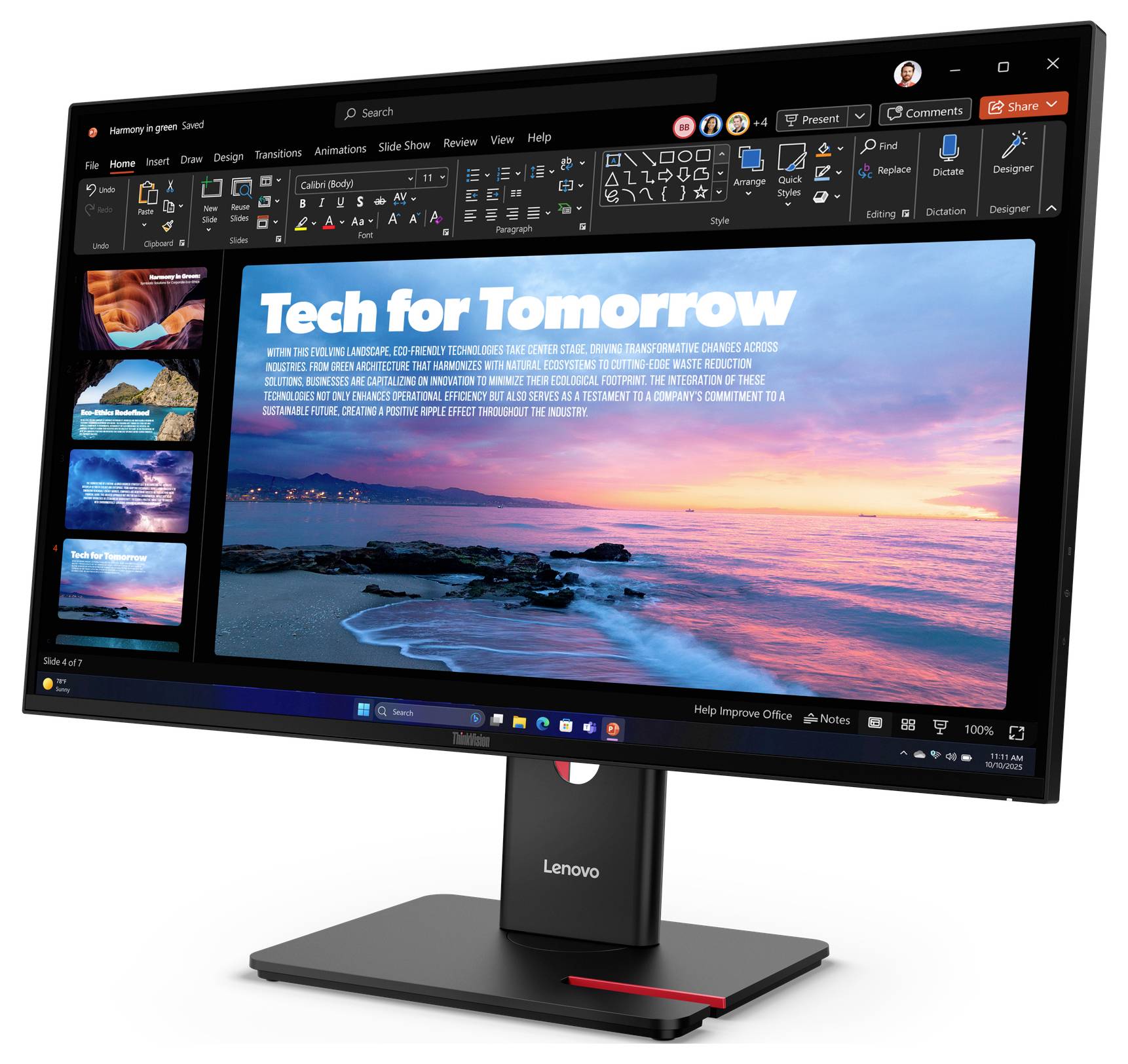 Ein Lenovo-Monitor zeigt Microsoft PowerPoint mit einer Präsentation mit dem Titel „Tech for Tomorrow