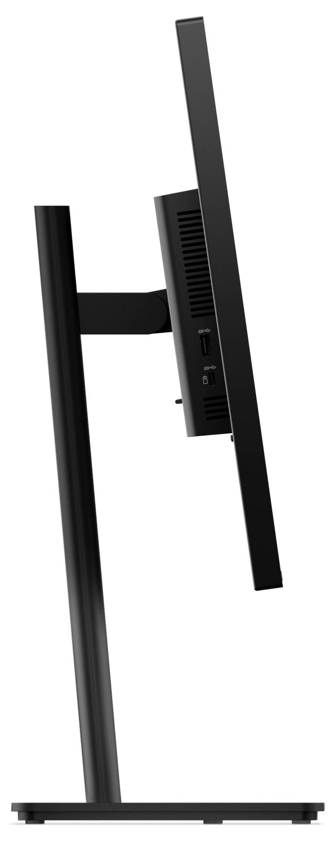 Seitenansicht eines schwarzen Desktop-Monitors auf einem Ständer, zeigt den Bildschirm nach hinten geneigt und die hinteren Belüftungsöffnungen.