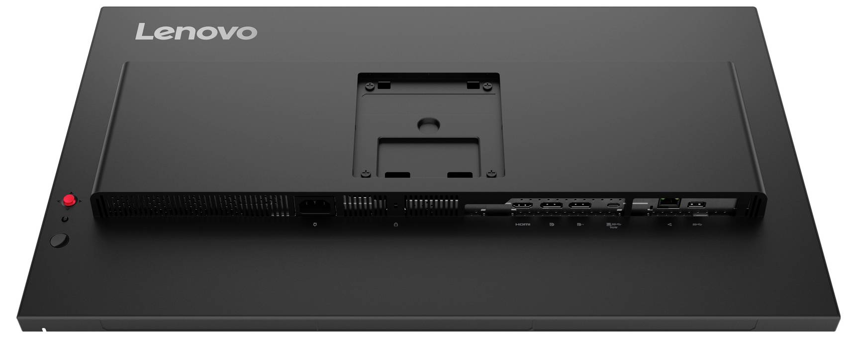 Rückansicht eines Lenovo-Monitors auf einem Ständer, die die Montageklammer, Lüftungsschlitze und einige Anschlüsse und Tasten an der unteren Kante zeigt.