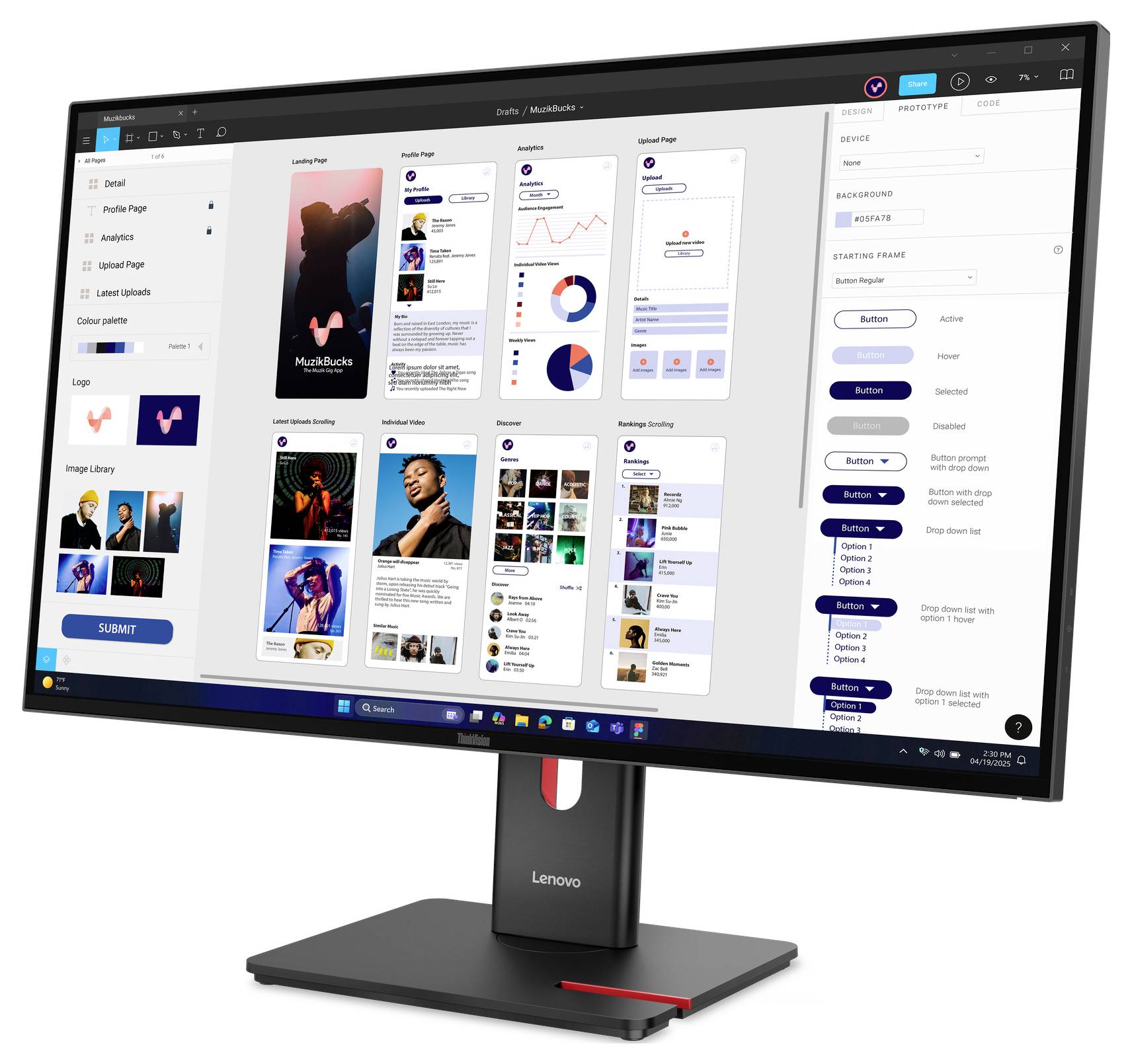 Ein Lenovo-Monitor zeigt eine Design-App mit einem Dashboard aus Mobil-UI-Mockups, Diagrammen und einem rechtseitigen Eigenschaftsfenster zum Bearbeiten von Komponenten.