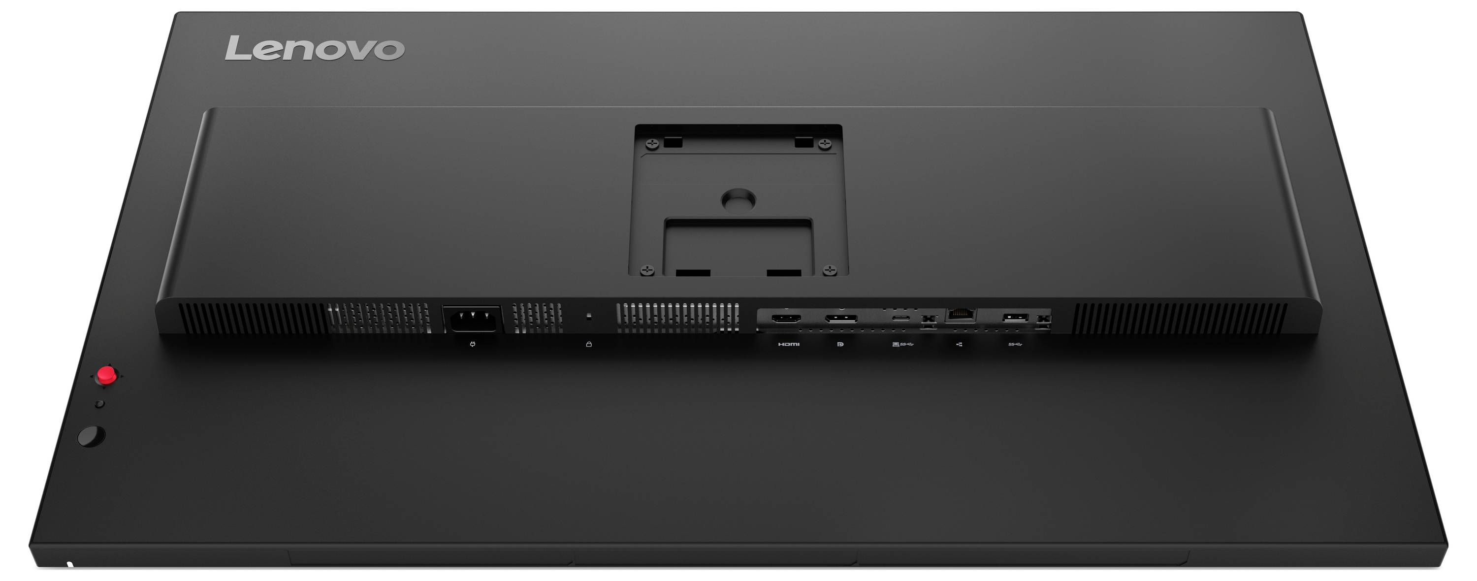 Rückansicht eines Lenovo-Monitors mit der zentralen Befestigungshalterung und Belüftungsschlitzen auf einem dunklen Ständer.