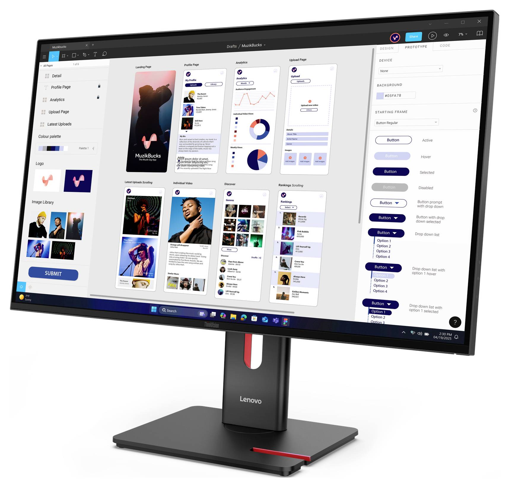 Lenovo-Monitor zeigt ein UI-Design-Dashboard mit mehreren Mockups für mobile Apps, Komponentenpanels und Stilsteuerungen in einem Design-Tool an.