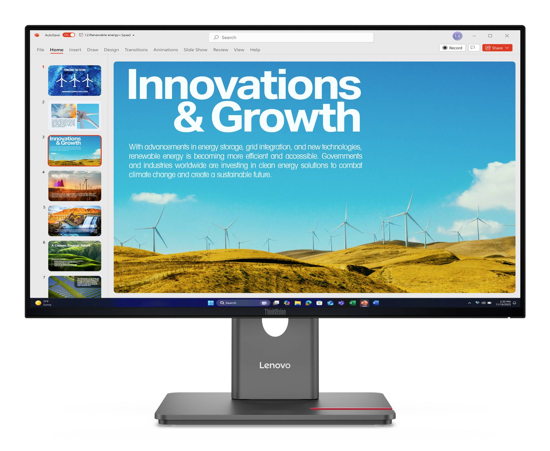 Lenovo-Monitor zeigt eine Präsentationsfolie mit dem Titel „Innovations & Growth