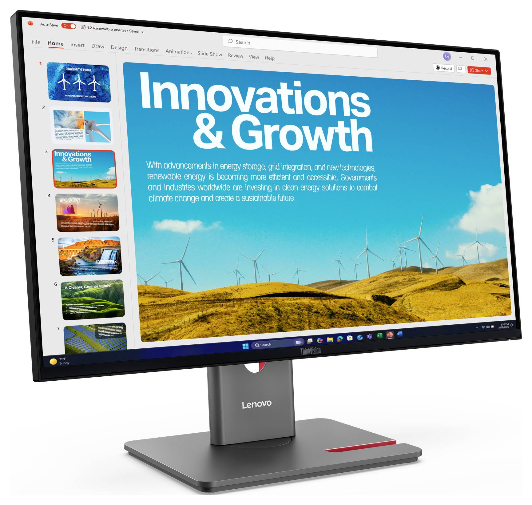 Ein Lenovo-Monitor zeigt eine Präsentationsfolie mit dem Titel „Innovations & Growth