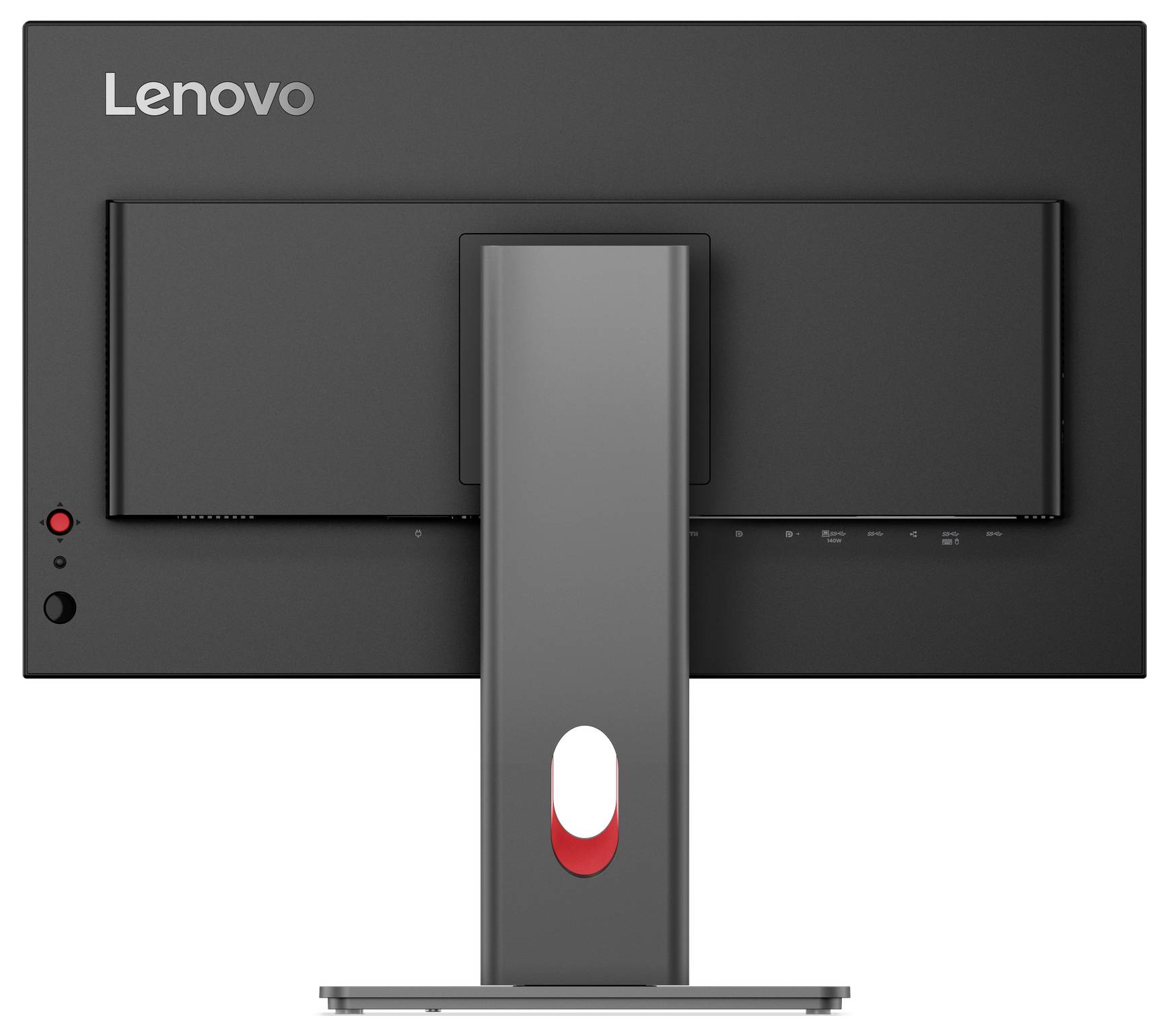 Rückansicht eines Lenovo-Monitors mit zentralem Ständer auf weißem Hintergrund.