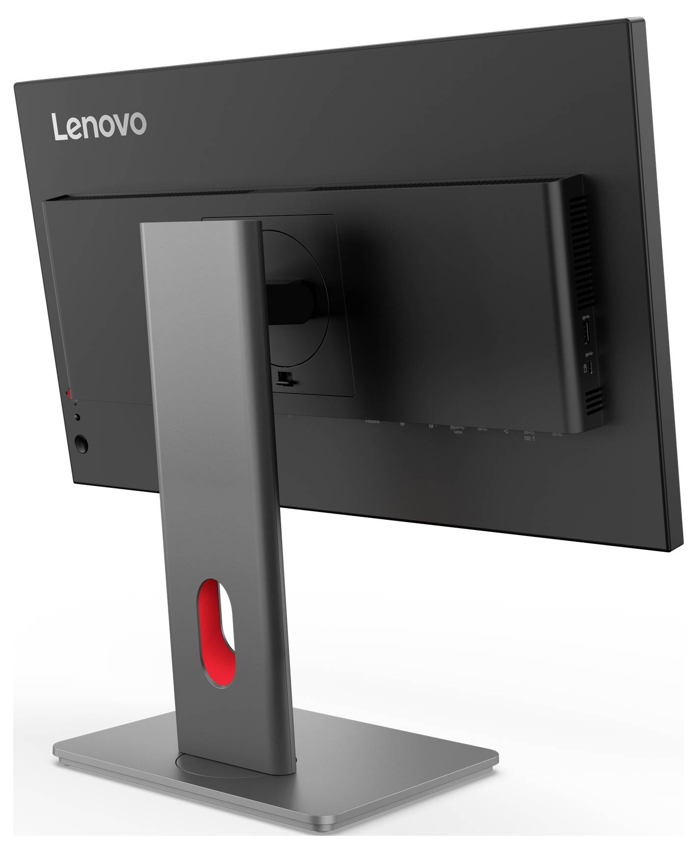Rückansicht eines Lenovo-Desktop-Monitors auf einem Ständer, zeigt das Rückenschild, die Kabelanschlüsse und die verstellbare Sockelbasis.