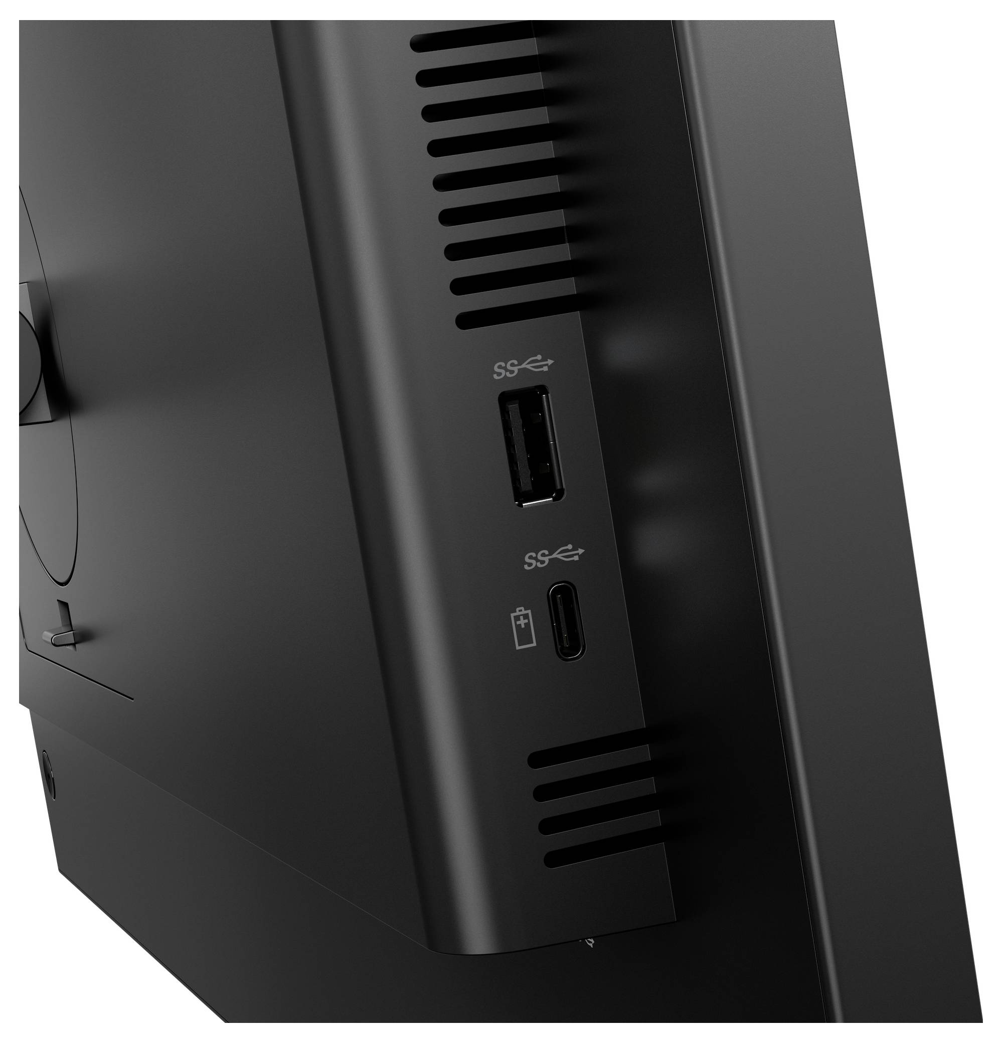 Nahaufnahme der rückwärtigen Seitenfläche eines schwarzen Monitors, die Belüftungsschlitze und zwei USB-Anschlüsse zeigt, einen Standard-USB-A und einen USB-C.
